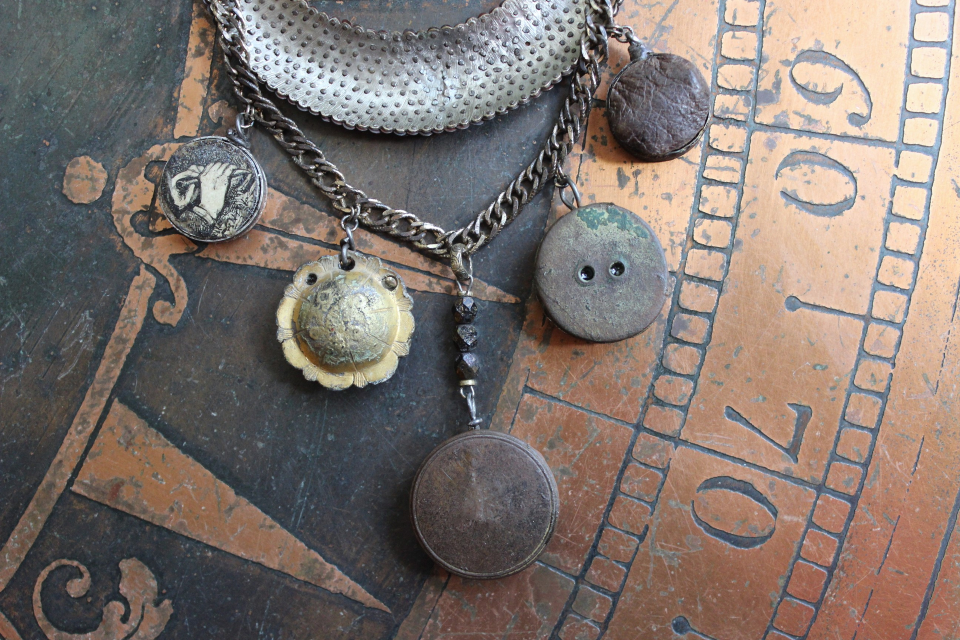 NEW! The Art of Becoming Necklace with Rare Antique Faceted Cut Steel Crescent Moon, Antique Compass & 4 Unique Antique Dangles