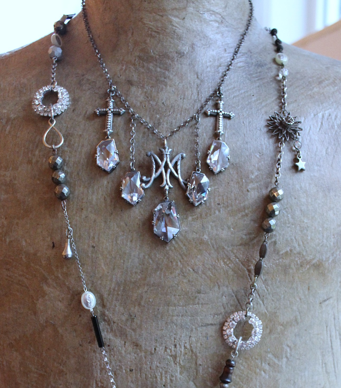 NEW! Antique French Scrolled Ave Maria AM Medal Necklace with Sterling Belcher Chain,2 Bead Point Crosses & 5 Uniquely Faceted Crystal Drops