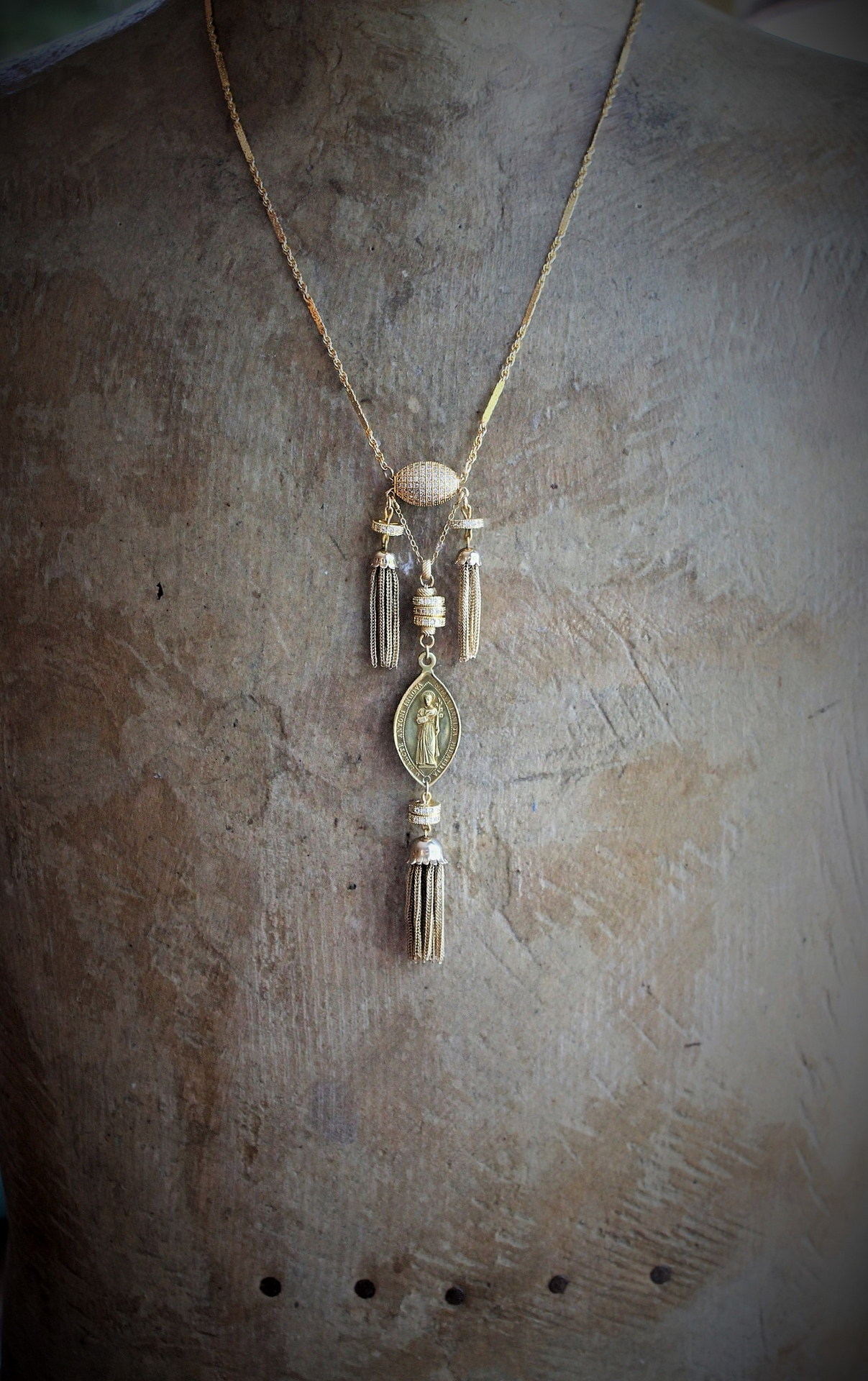 The Renewal Necklace w/Rare Antique Gilt St. Anthony Medal,Pave Diamond Findings,Antique Foxtail Chain Tassels,Unique Goldfill Chain,14K Gold Clasp