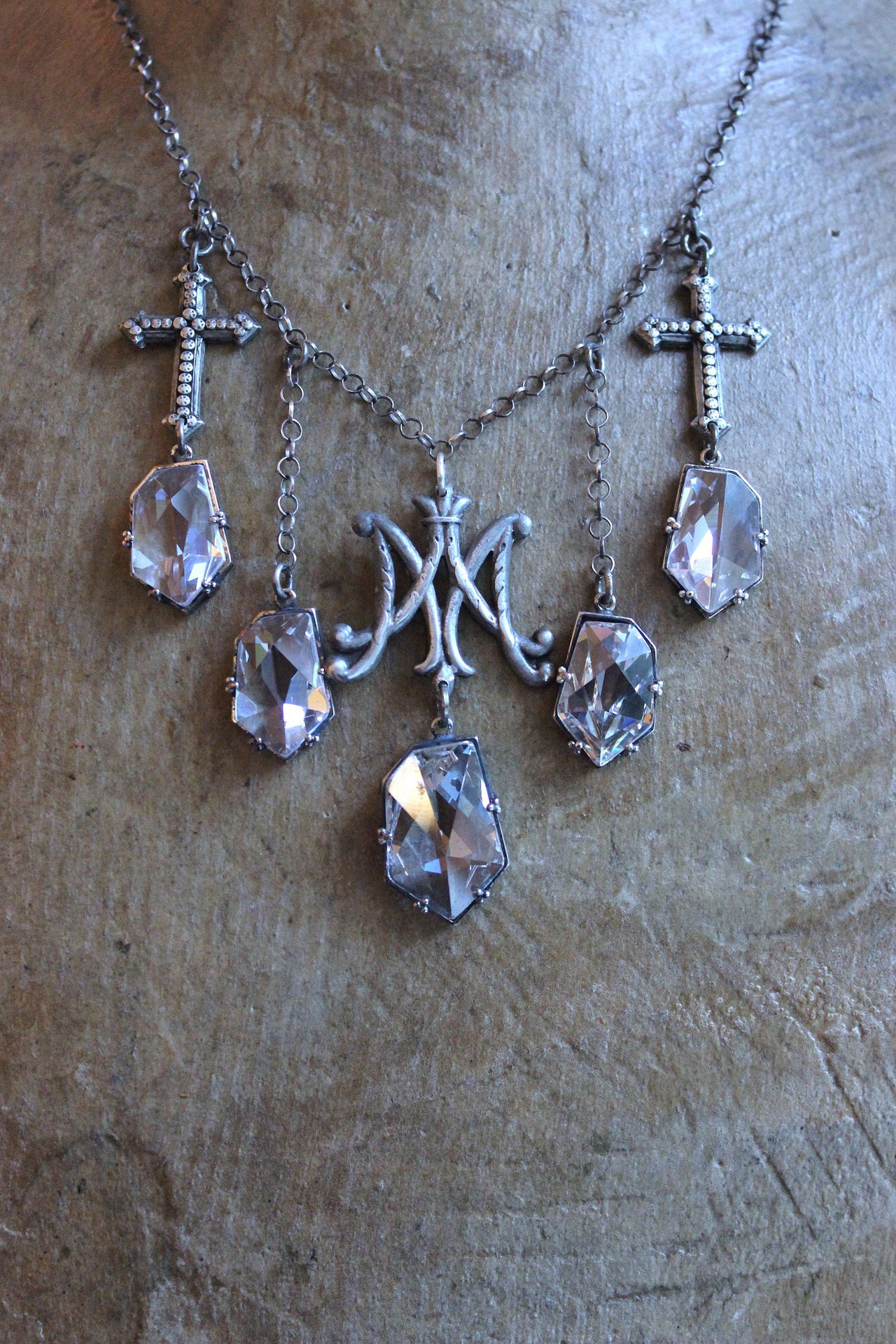 NEW! Antique French Scrolled Ave Maria AM Medal Necklace with Sterling Belcher Chain,2 Bead Point Crosses & 5 Uniquely Faceted Crystal Drops