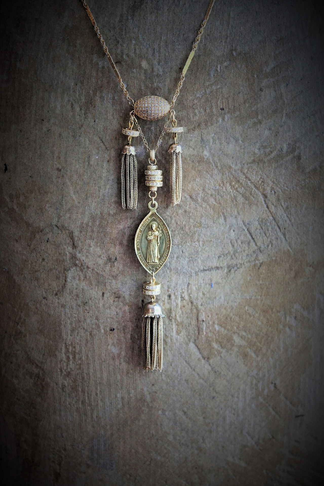 The Renewal Necklace w/Rare Antique Gilt St. Anthony Medal,Pave Diamond Findings,Antique Foxtail Chain Tassels,Unique Goldfill Chain,14K Gold Clasp