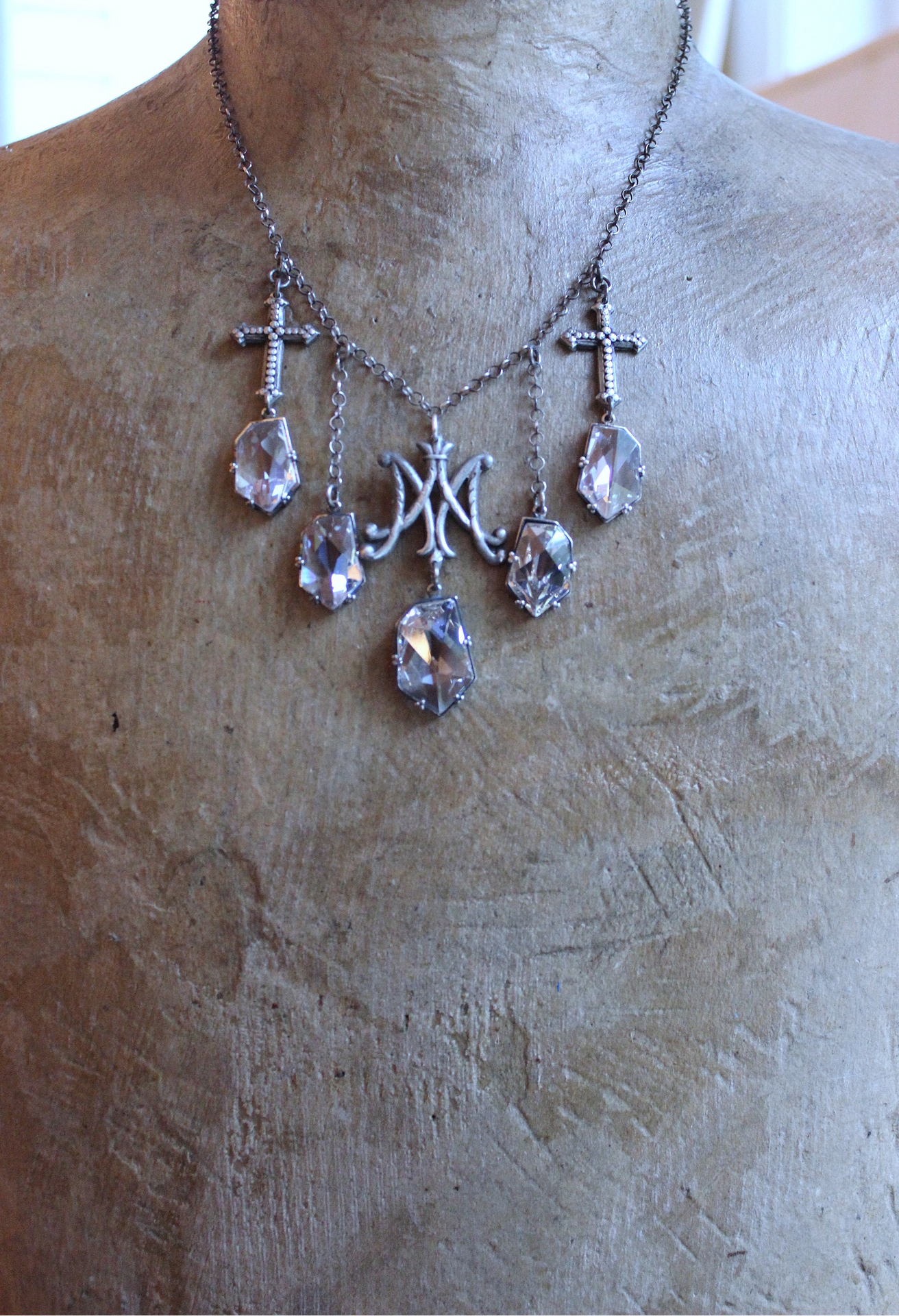 NEW! Antique French Scrolled Ave Maria AM Medal Necklace with Sterling Belcher Chain,2 Bead Point Crosses & 5 Uniquely Faceted Crystal Drops