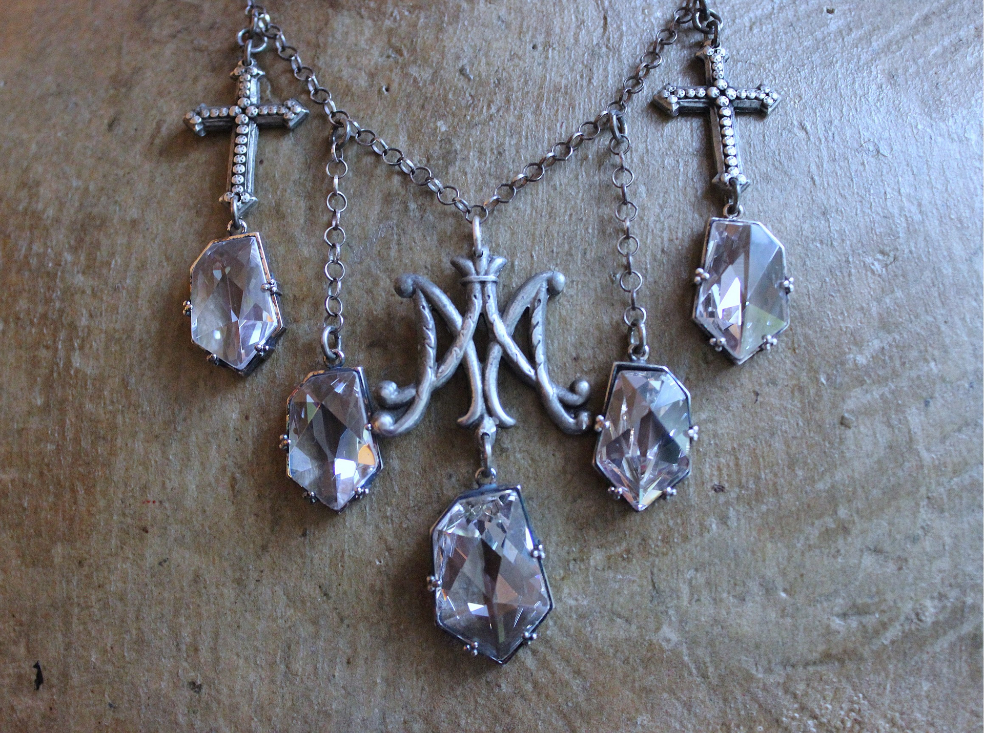 NEW! Antique French Scrolled Ave Maria AM Medal Necklace with Sterling Belcher Chain,2 Bead Point Crosses & 5 Uniquely Faceted Crystal Drops