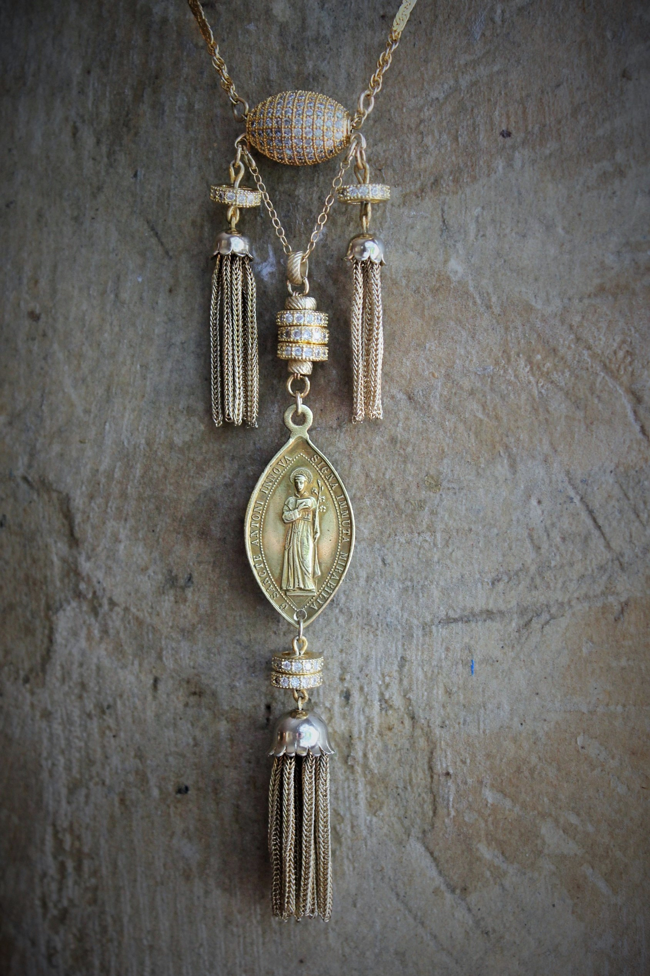 The Renewal Necklace w/Rare Antique Gilt St. Anthony Medal,Pave Diamond Findings,Antique Foxtail Chain Tassels,Unique Goldfill Chain,14K Gold Clasp