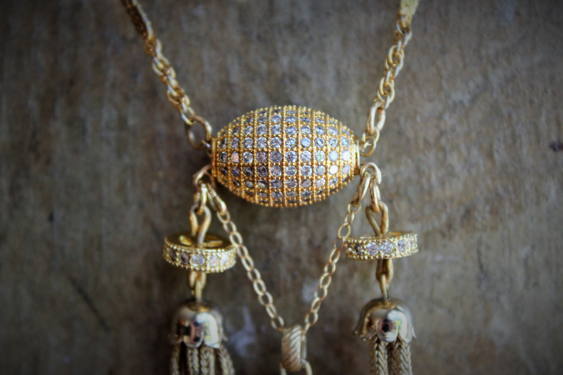 The Renewal Necklace w/Rare Antique Gilt St. Anthony Medal,Pave Diamond Findings,Antique Foxtail Chain Tassels,Unique Goldfill Chain,14K Gold Clasp