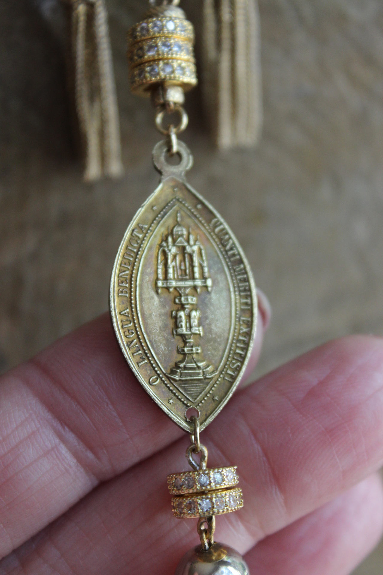 The Renewal Necklace w/Rare Antique Gilt St. Anthony Medal,Pave Diamond Findings,Antique Foxtail Chain Tassels,Unique Goldfill Chain,14K Gold Clasp