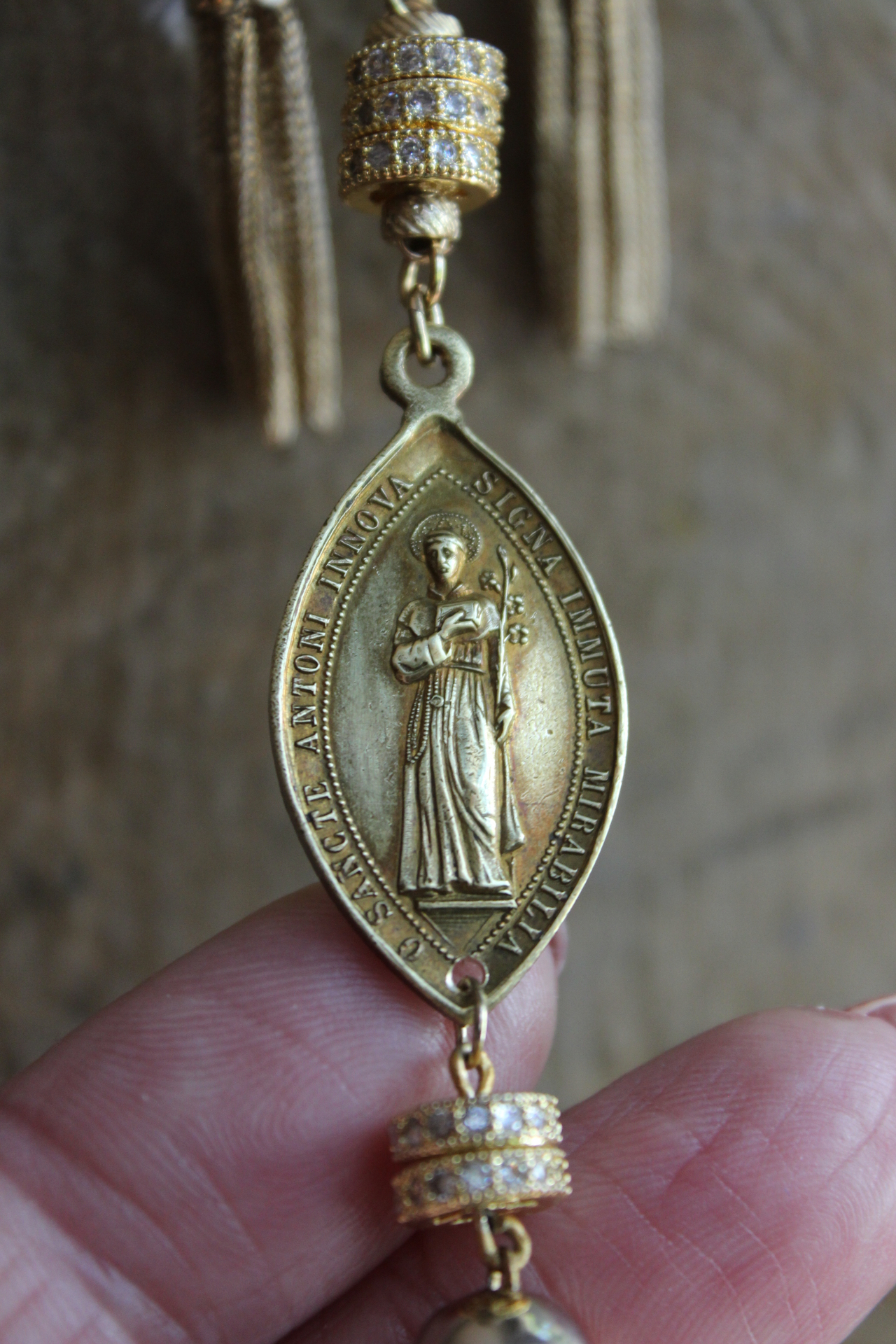 The Renewal Necklace w/Rare Antique Gilt St. Anthony Medal,Pave Diamond Findings,Antique Foxtail Chain Tassels,Unique Goldfill Chain,14K Gold Clasp