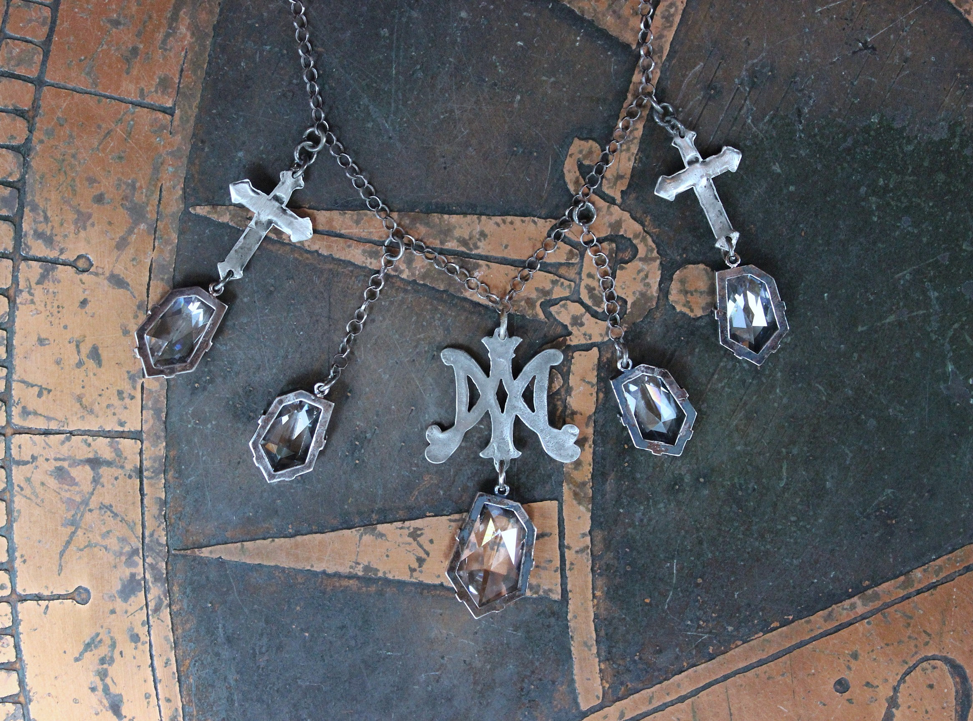 NEW! Antique French Scrolled Ave Maria AM Medal Necklace with Sterling Belcher Chain,2 Bead Point Crosses & 5 Uniquely Faceted Crystal Drops