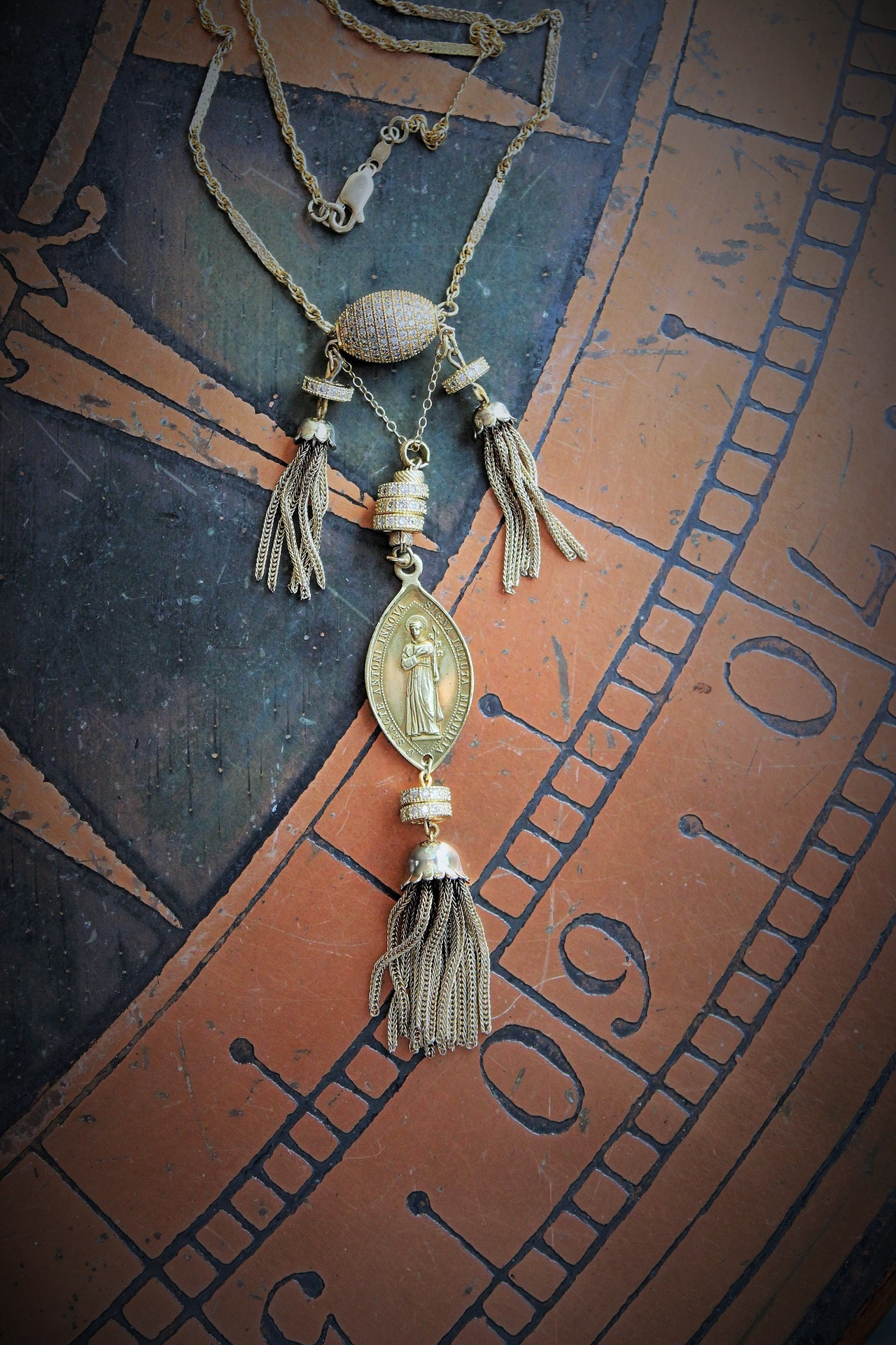 The Renewal Necklace w/Rare Antique Gilt St. Anthony Medal,Pave Diamond Findings,Antique Foxtail Chain Tassels,Unique Goldfill Chain,14K Gold Clasp