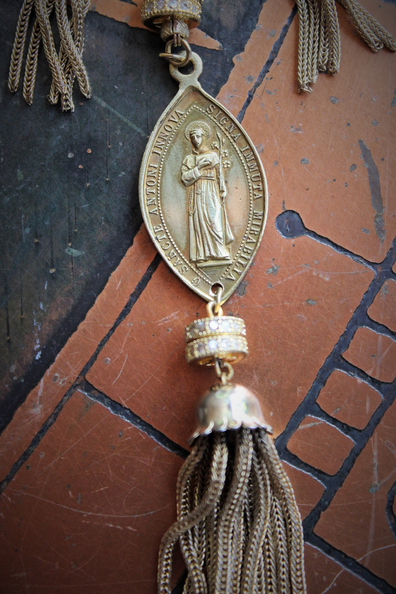 The Renewal Necklace w/Rare Antique Gilt St. Anthony Medal,Pave Diamond Findings,Antique Foxtail Chain Tassels,Unique Goldfill Chain,14K Gold Clasp
