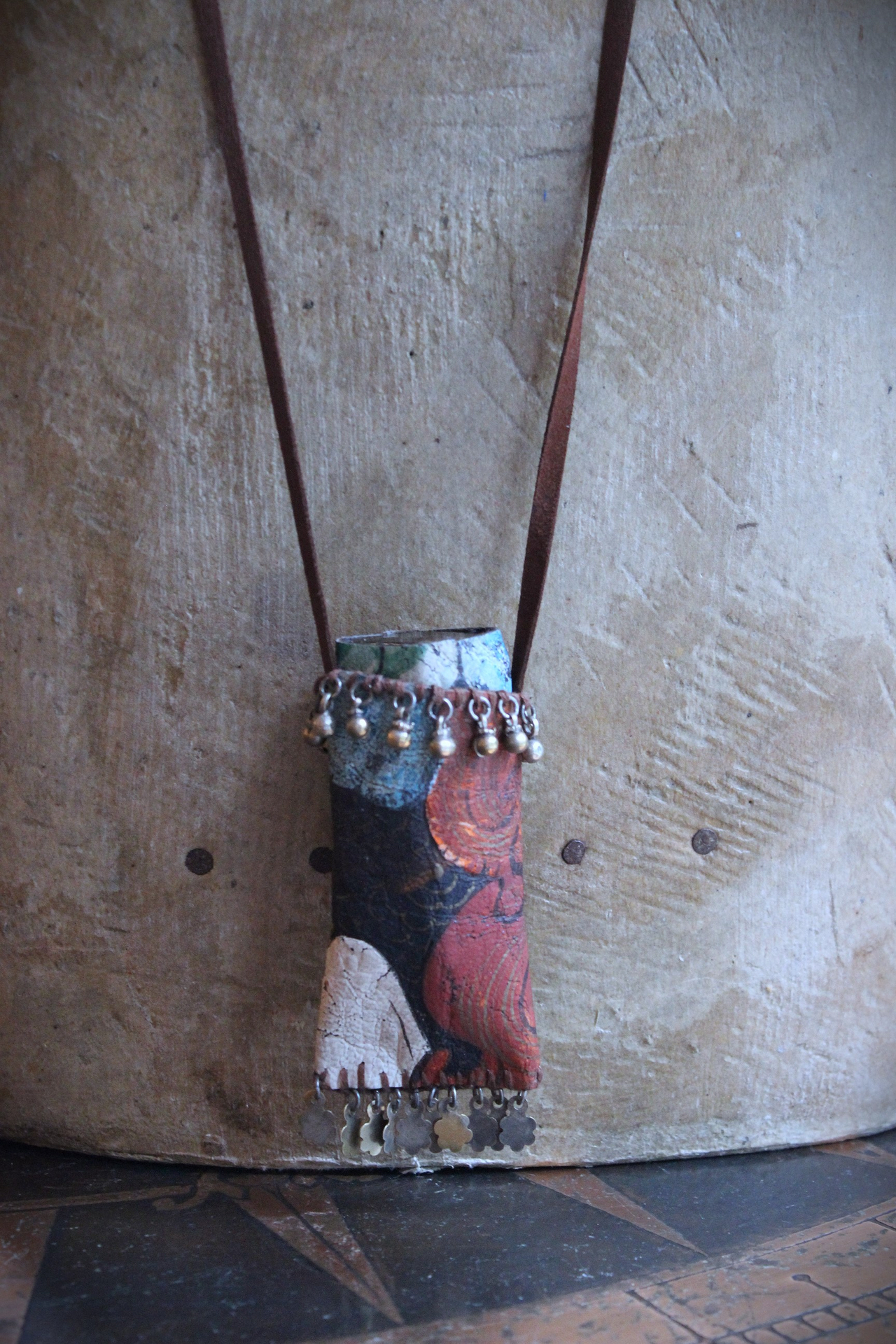 NEW! Asymmetrical Hand Painted Clouds Thangka Pouch with Far Infrared Light Healing Tower, Antique Cloud Shaped Drops & Tiny Orbs