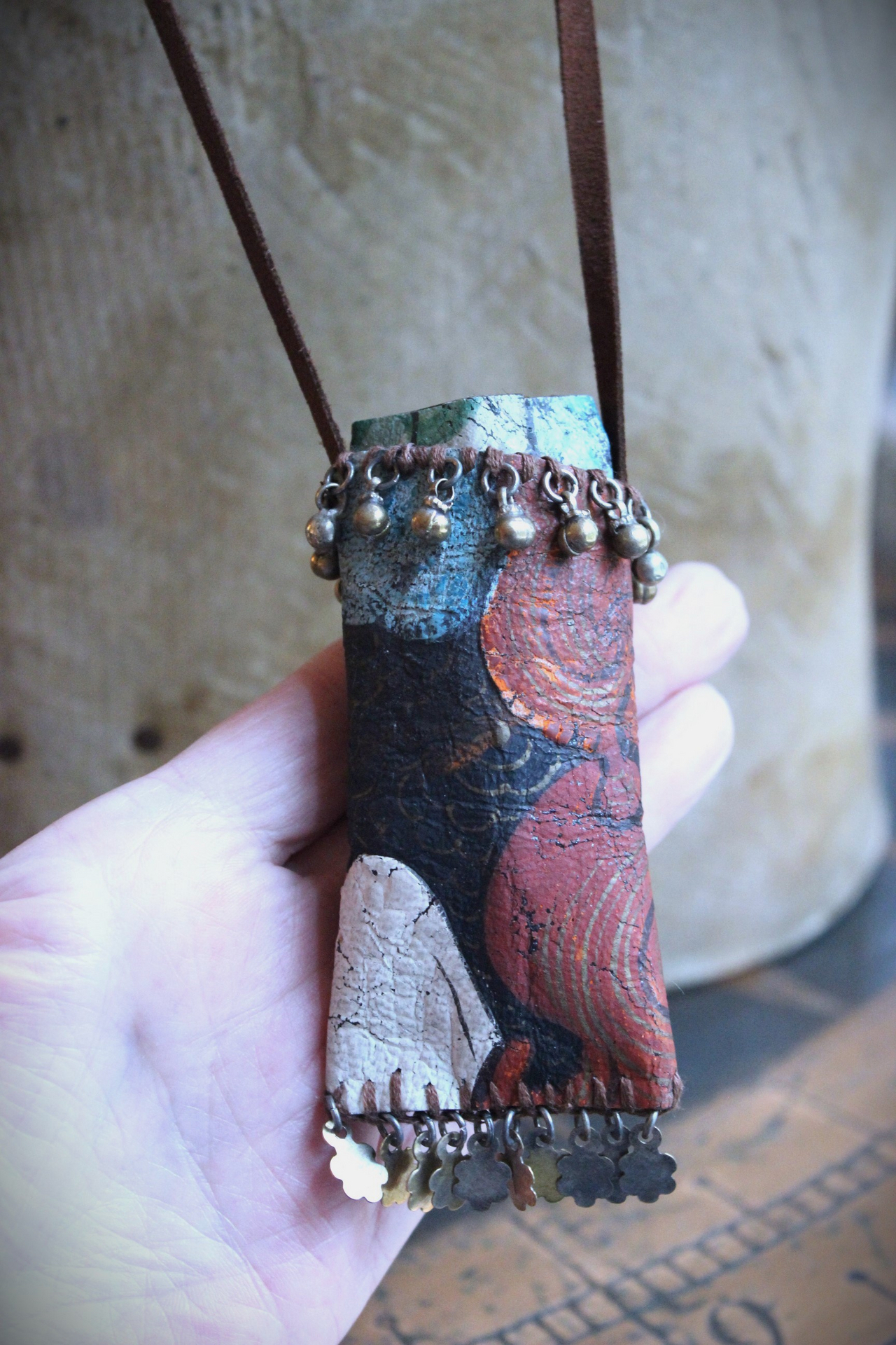 NEW! Asymmetrical Hand Painted Clouds Thangka Pouch with Far Infrared Light Healing Tower, Antique Cloud Shaped Drops & Tiny Orbs