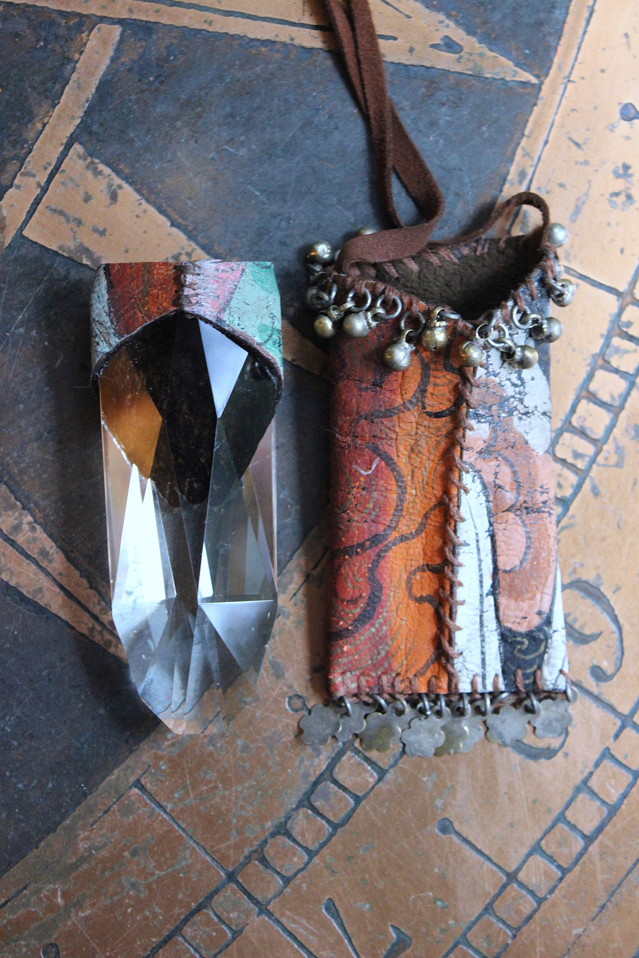 NEW! Asymmetrical Hand Painted Clouds Thangka Pouch with Far Infrared Light Healing Tower, Antique Cloud Shaped Drops & Tiny Orbs