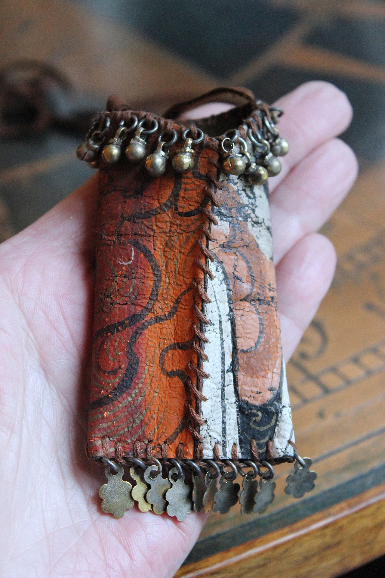 NEW! Asymmetrical Hand Painted Clouds Thangka Pouch with Far Infrared Light Healing Tower, Antique Cloud Shaped Drops & Tiny Orbs