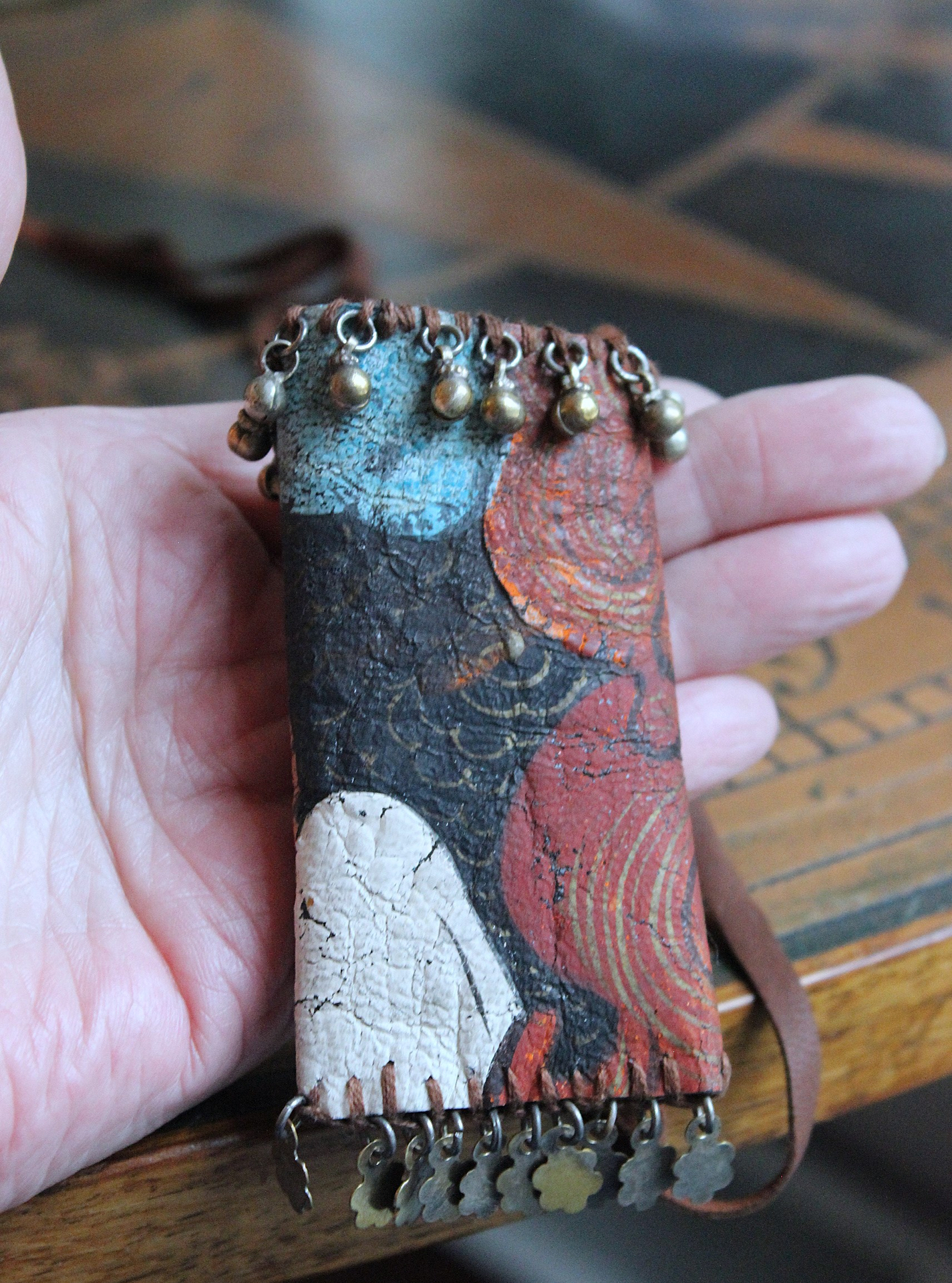 NEW! Asymmetrical Hand Painted Clouds Thangka Pouch with Far Infrared Light Healing Tower, Antique Cloud Shaped Drops & Tiny Orbs