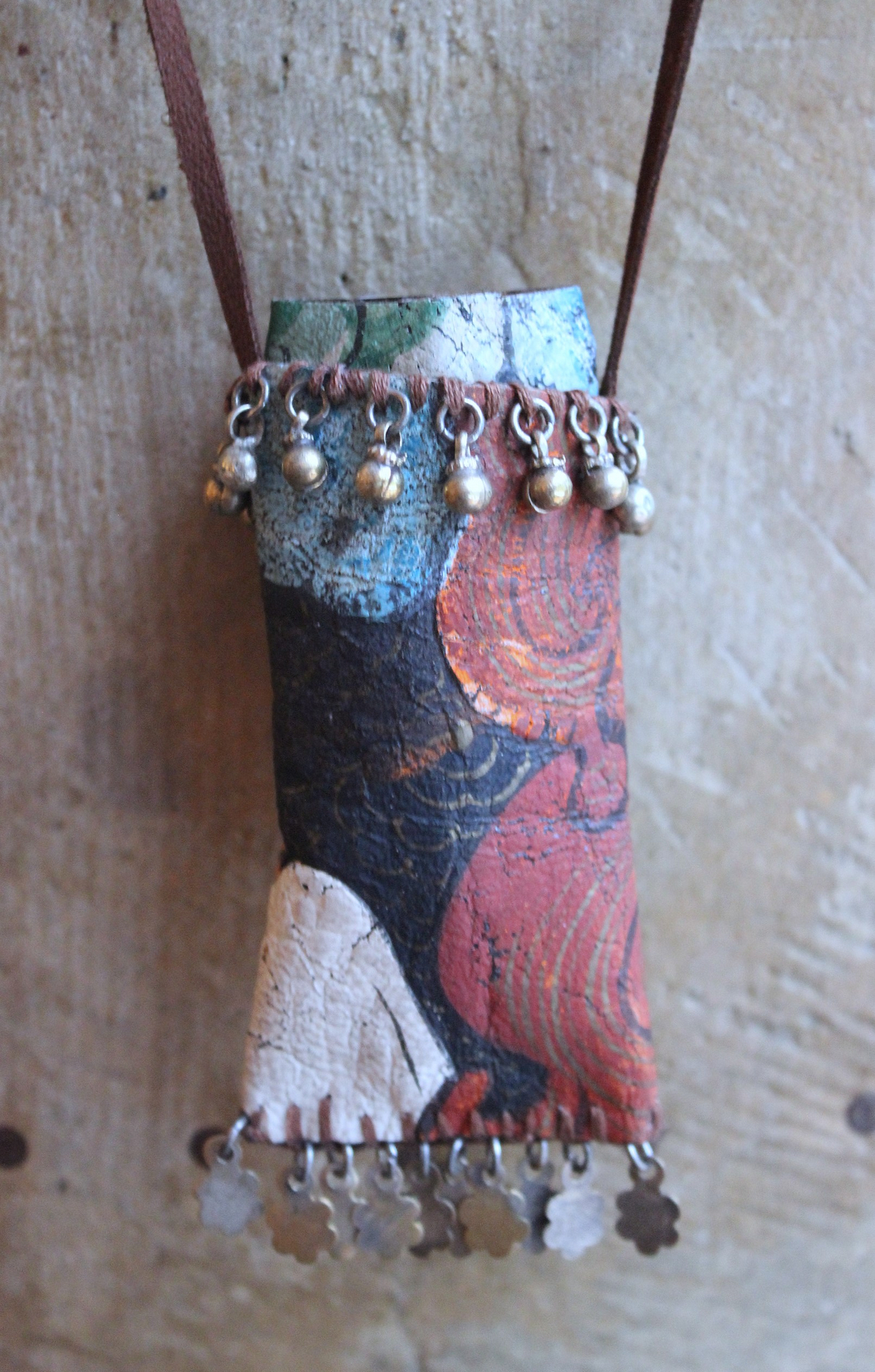 NEW! Asymmetrical Hand Painted Clouds Thangka Pouch with Far Infrared Light Healing Tower, Antique Cloud Shaped Drops & Tiny Orbs