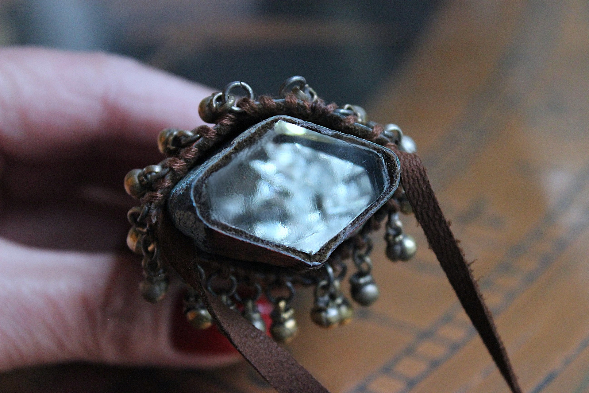 NEW! Asymmetrical Hand Painted Clouds Thangka Pouch with Far Infrared Light Healing Tower, Antique Cloud Shaped Drops & Tiny Orbs