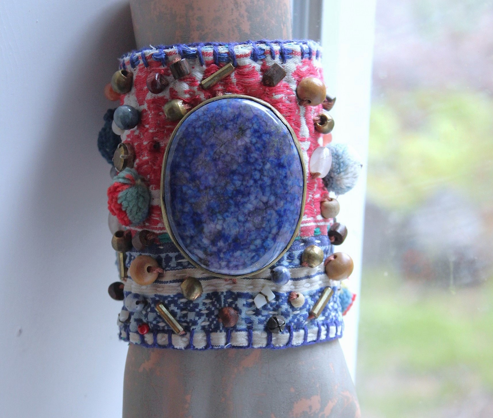 NEW! Wise Woman Kantha Cuff Bracelet with Brass Set Lapis Lazuli and Dozens of Hand Stitched Beads and Drops