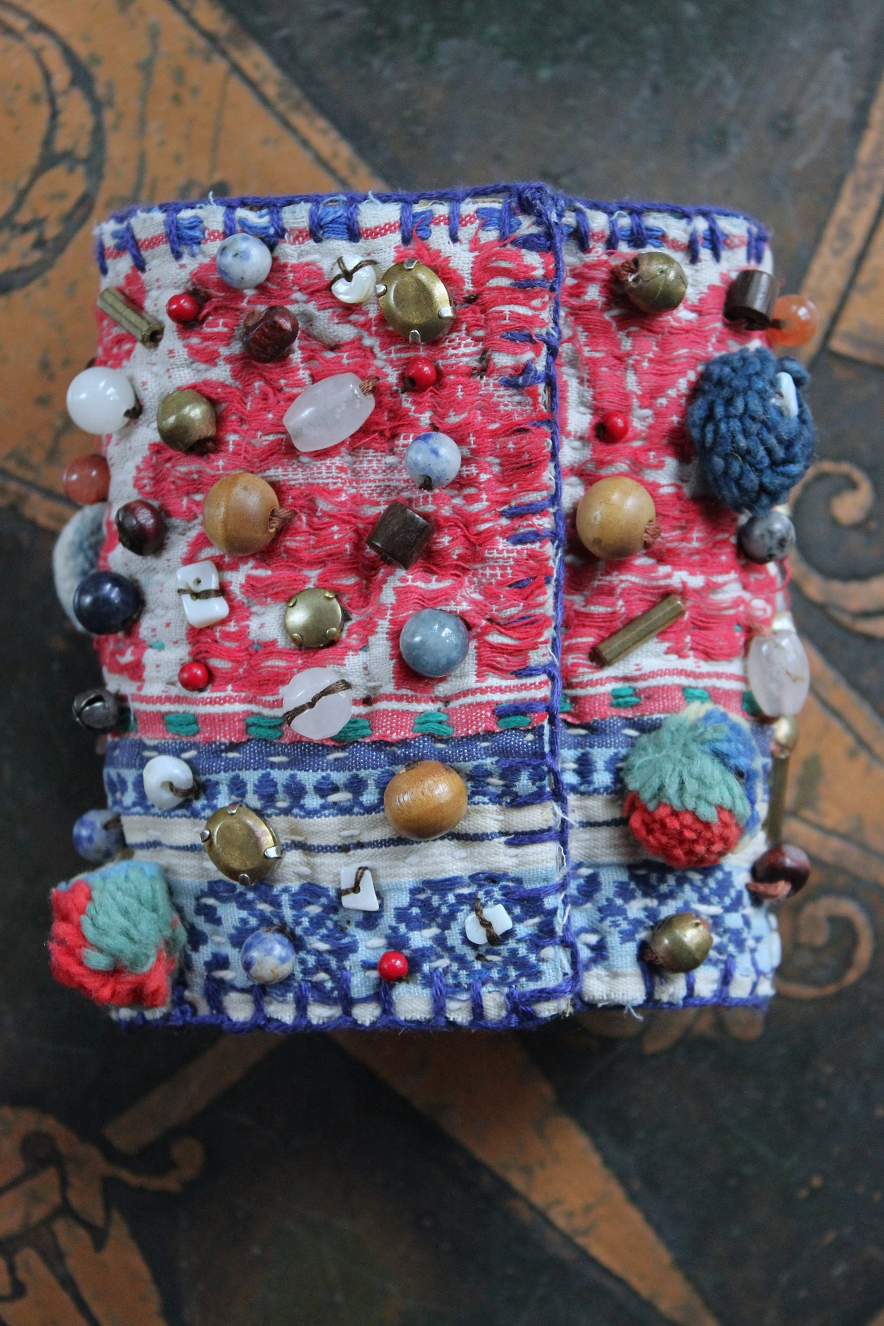 NEW! Wise Woman Kantha Cuff Bracelet with Brass Set Lapis Lazuli and Dozens of Hand Stitched Beads and Drops