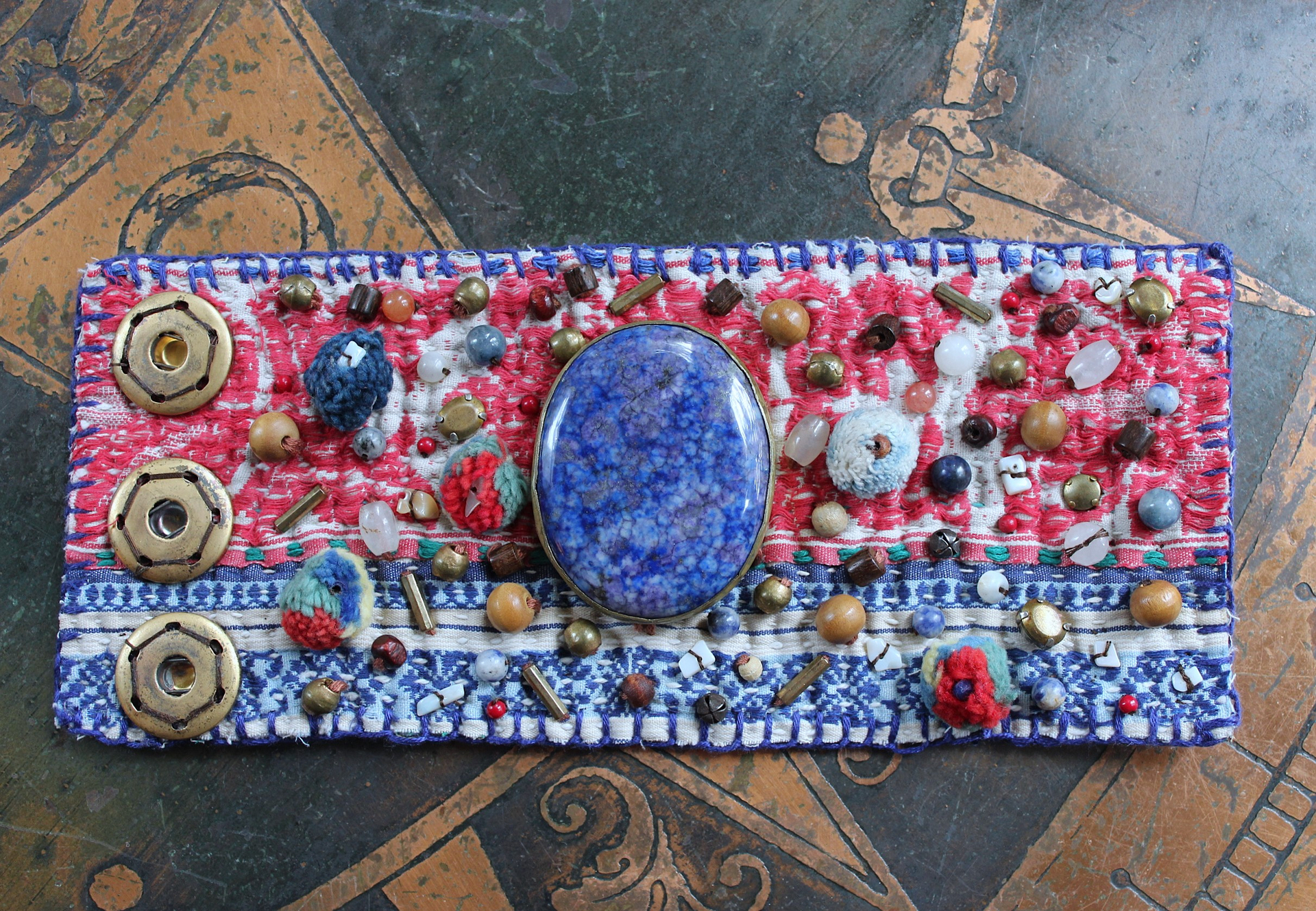 NEW! Wise Woman Kantha Cuff Bracelet with Brass Set Lapis Lazuli and Dozens of Hand Stitched Beads and Drops