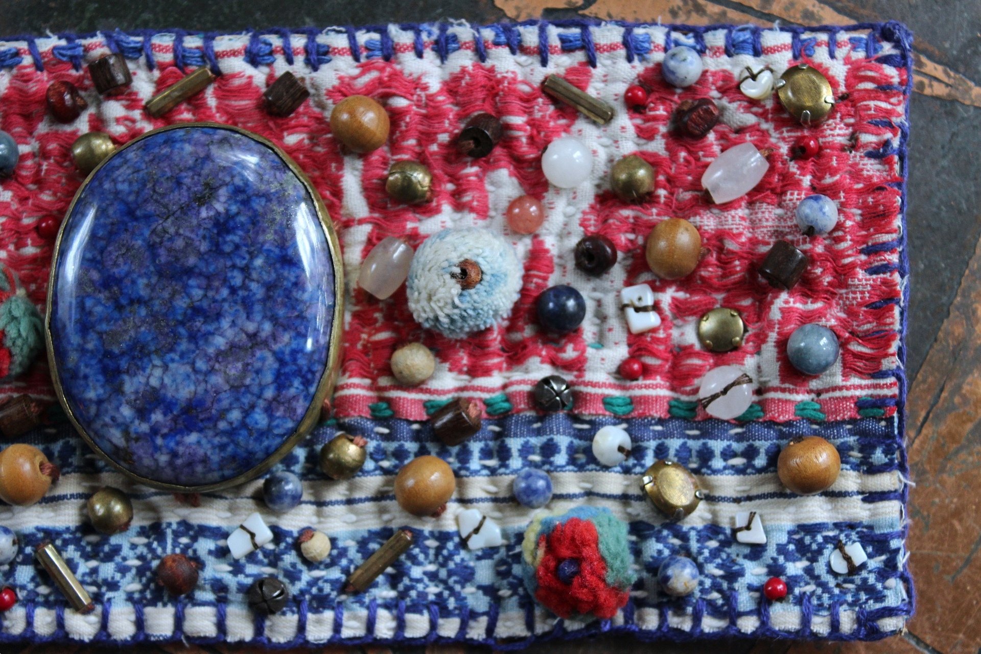 NEW! Wise Woman Kantha Cuff Bracelet with Brass Set Lapis Lazuli and Dozens of Hand Stitched Beads and Drops