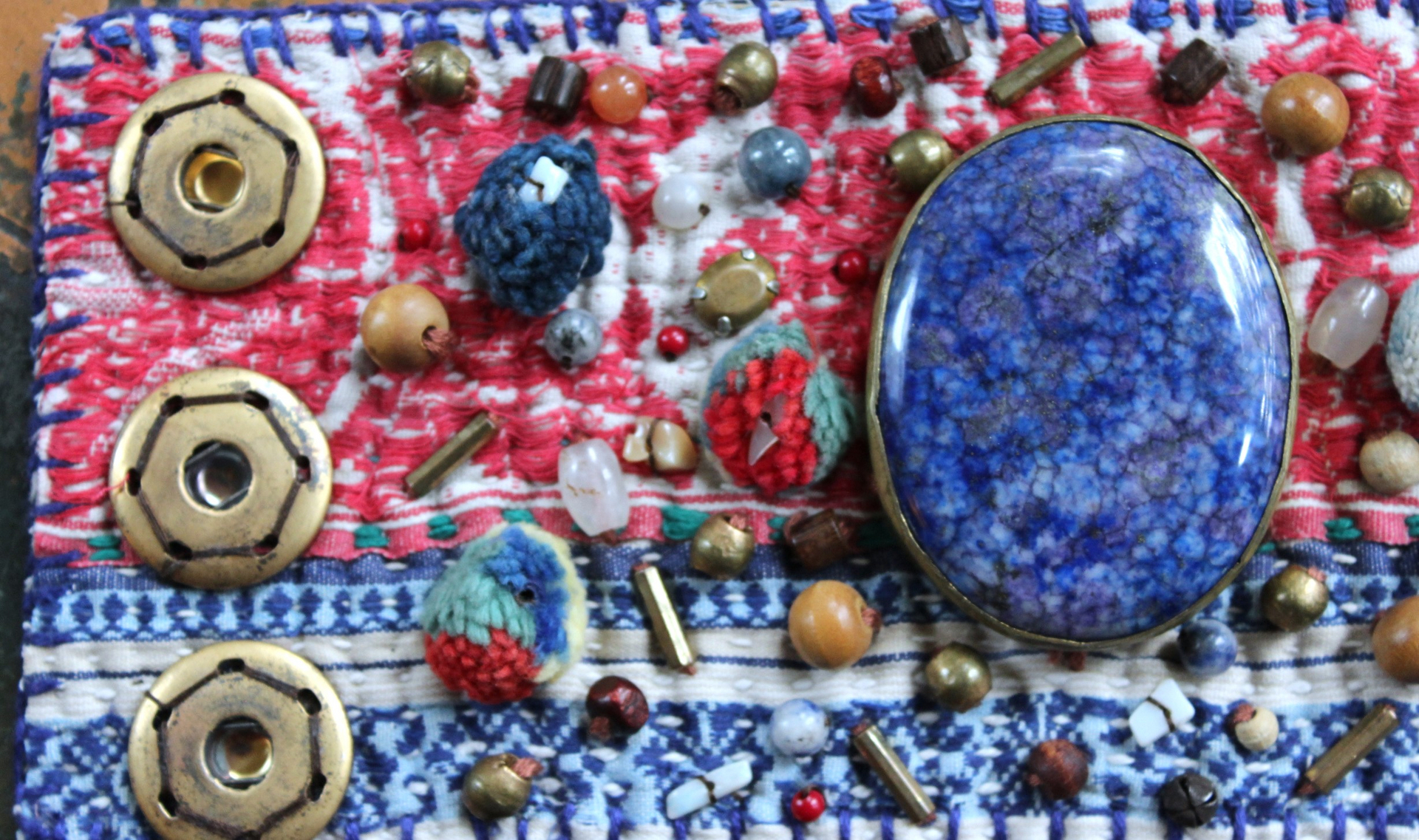 NEW! Wise Woman Kantha Cuff Bracelet with Brass Set Lapis Lazuli and Dozens of Hand Stitched Beads and Drops