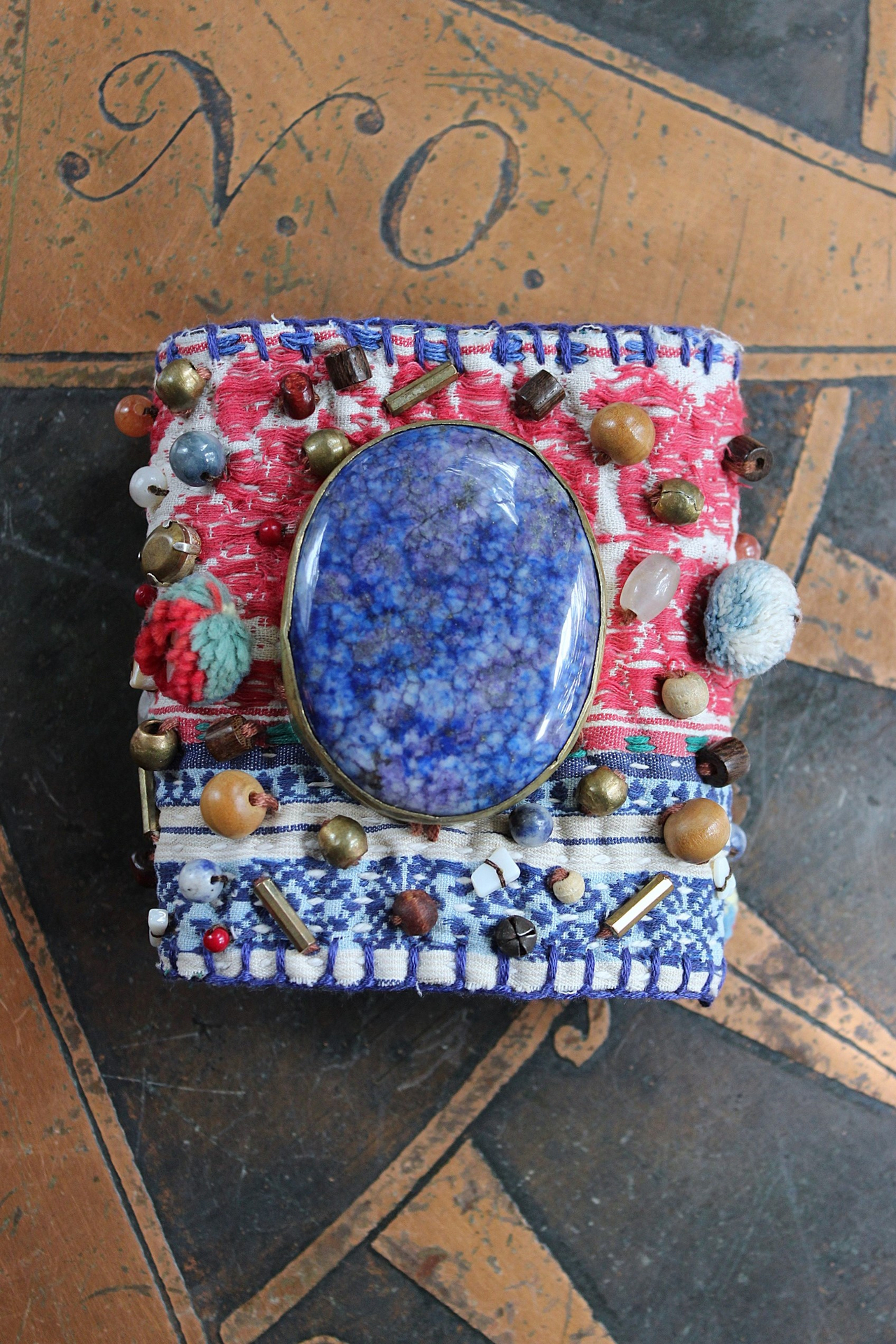 NEW! Wise Woman Kantha Cuff Bracelet with Brass Set Lapis Lazuli and Dozens of Hand Stitched Beads and Drops