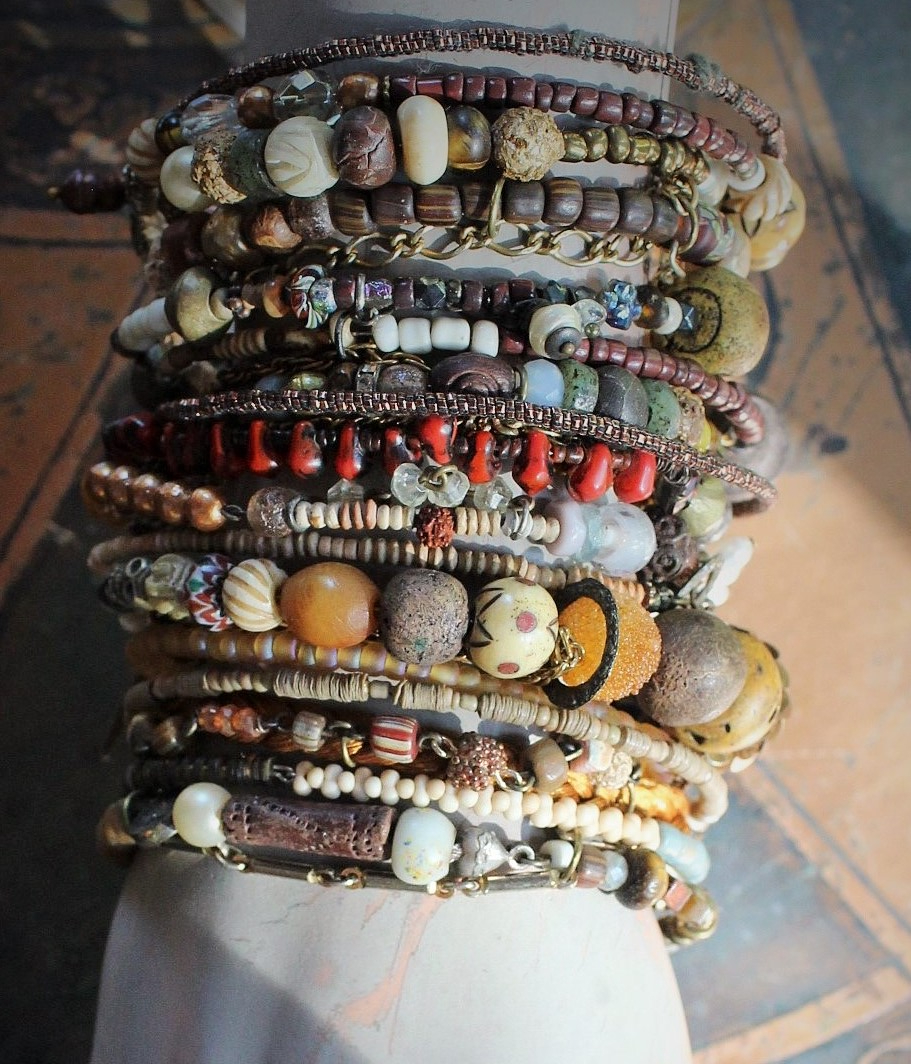 17 Stacking Artisan Gypsy Bangle Bracelets- Dozens of Beads,Unique Findings & Draping Chains!