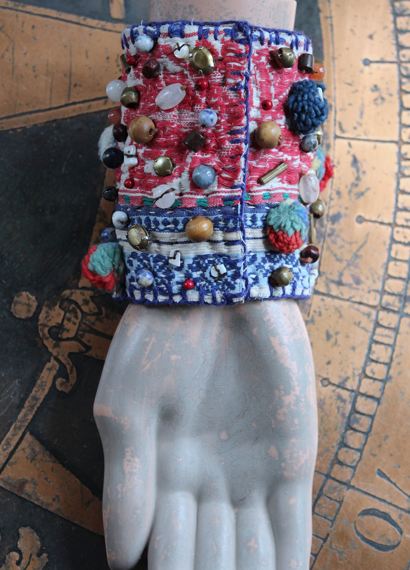 NEW! Wise Woman Kantha Cuff Bracelet with Brass Set Lapis Lazuli and Dozens of Hand Stitched Beads and Drops