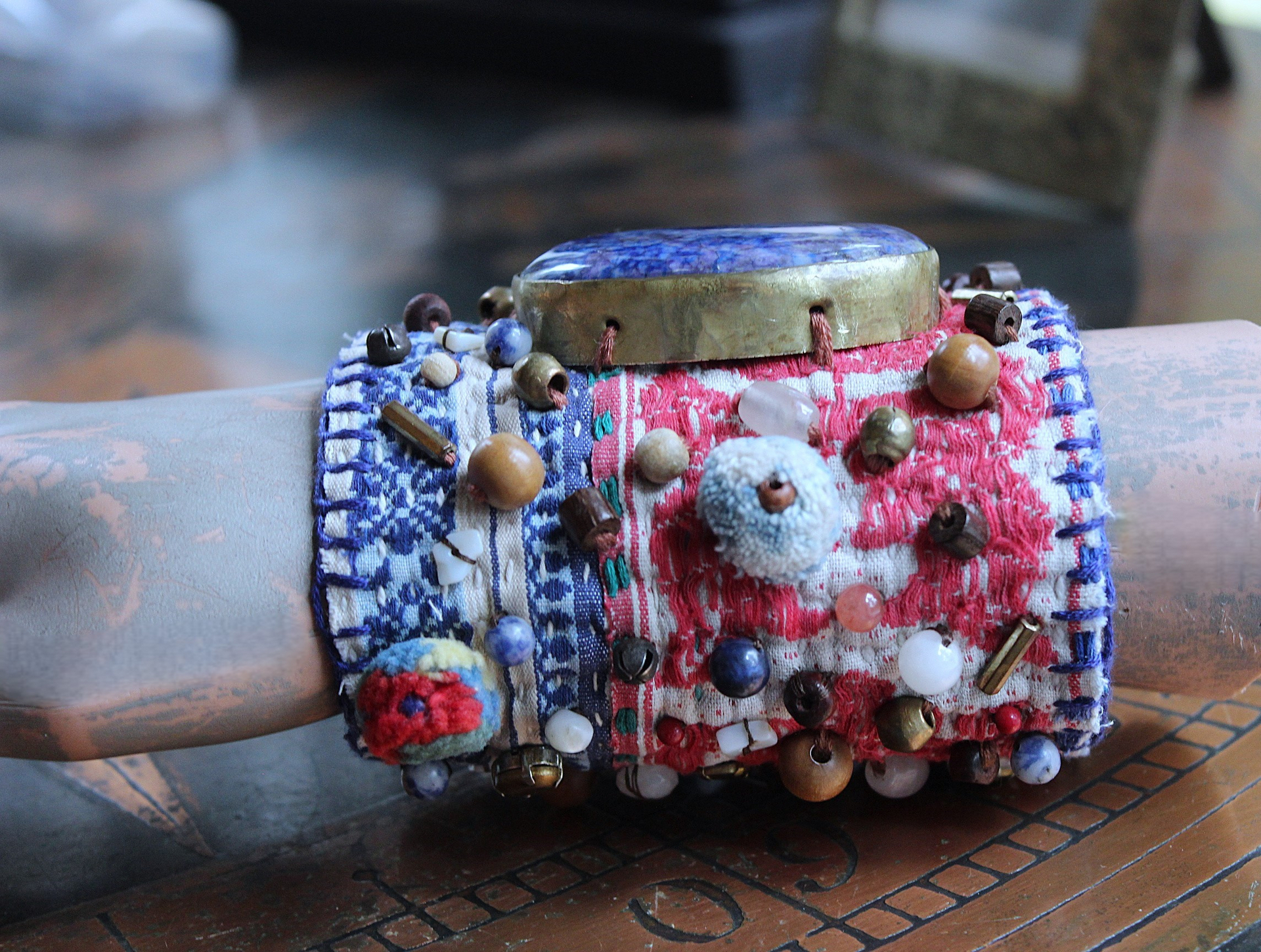 NEW! Wise Woman Kantha Cuff Bracelet with Brass Set Lapis Lazuli and Dozens of Hand Stitched Beads and Drops