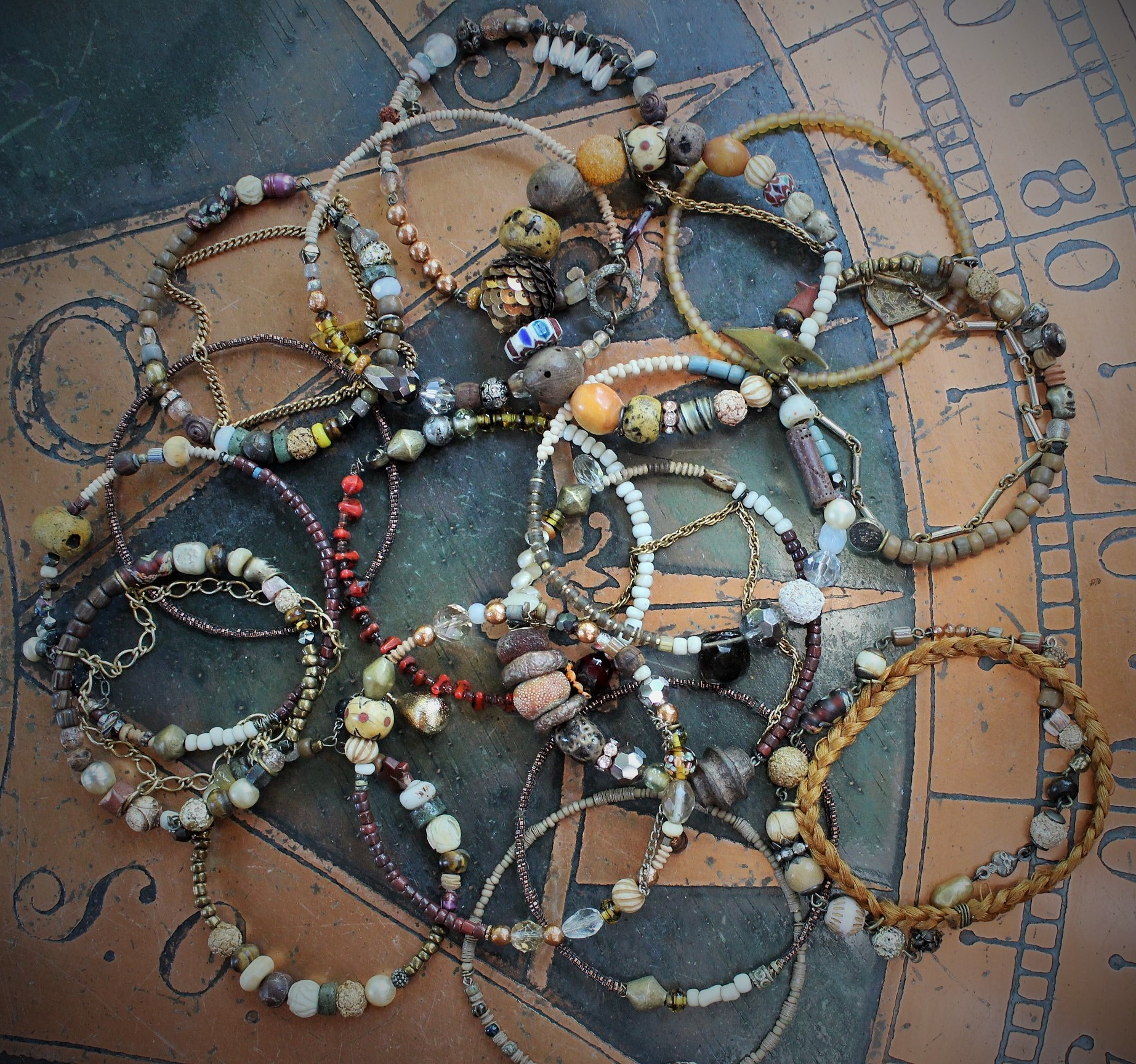 17 Stacking Artisan Gypsy Bangle Bracelets- Dozens of Beads,Unique Findings & Draping Chains!