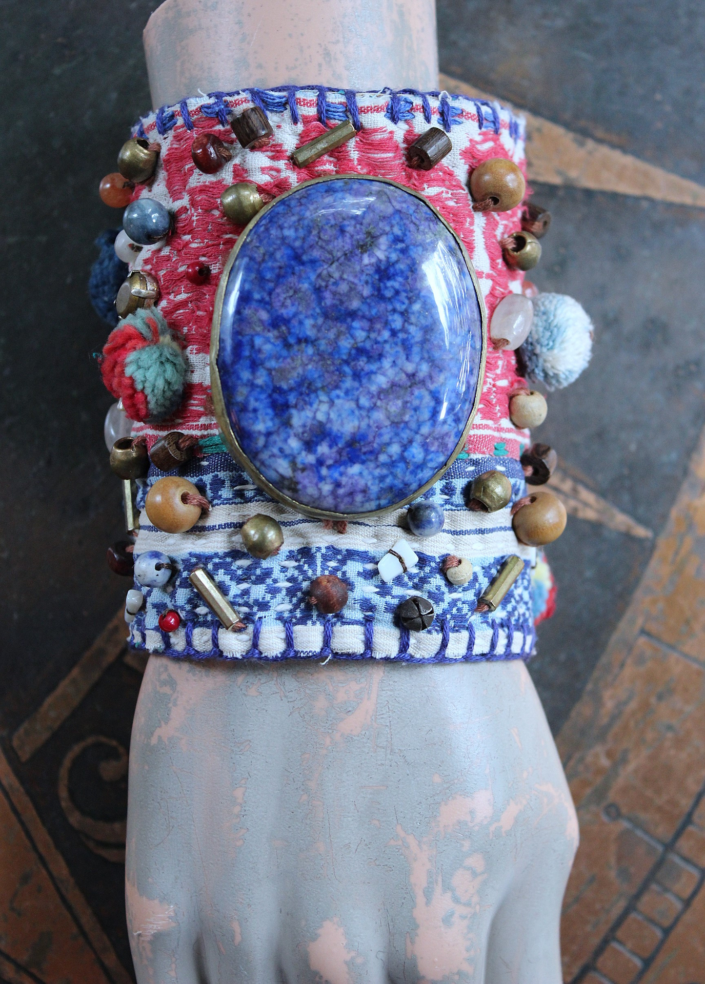 NEW! Wise Woman Kantha Cuff Bracelet with Brass Set Lapis Lazuli and Dozens of Hand Stitched Beads and Drops