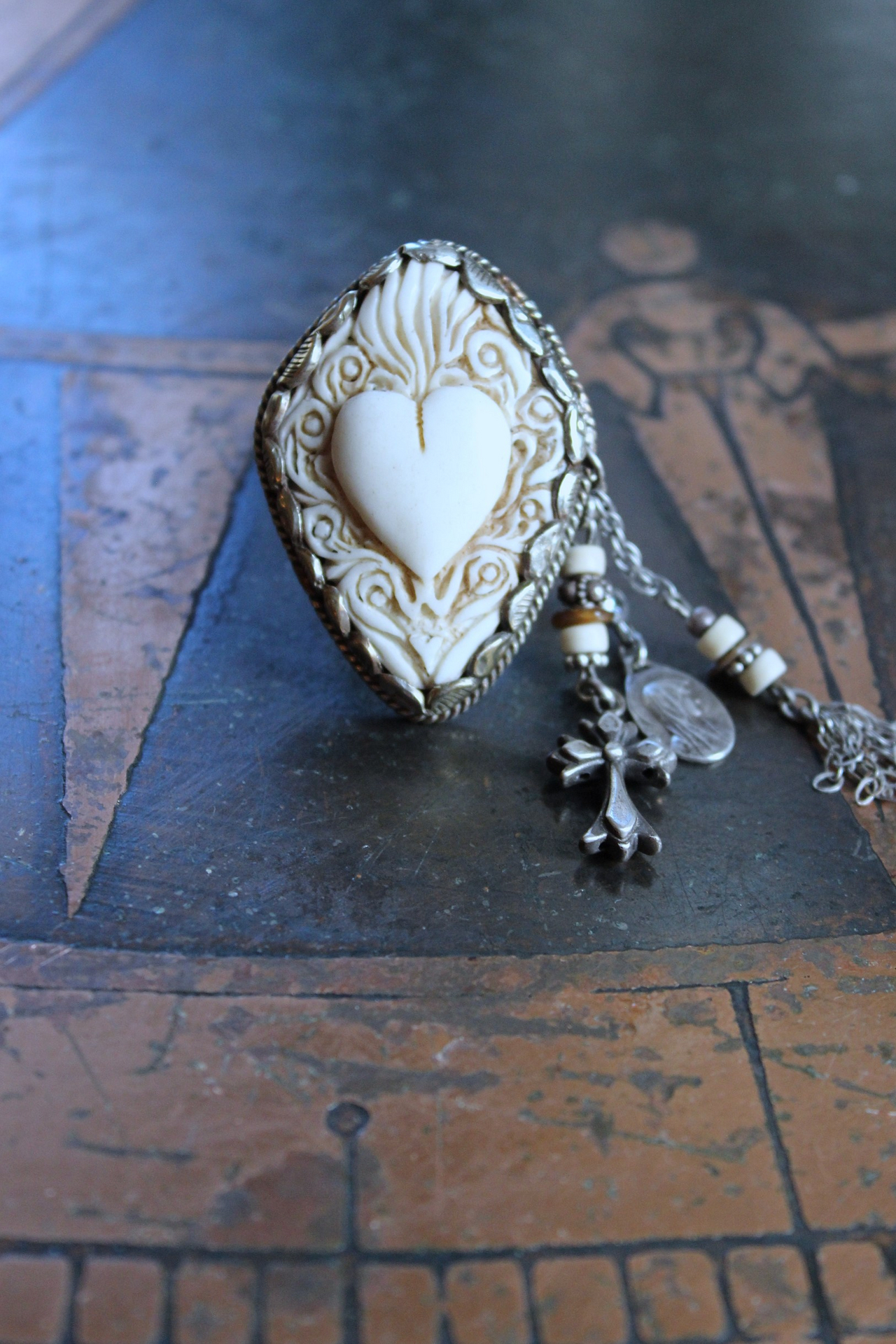 NEW! Adjustable Carved Sacred Heart Ring with Tiny Sterling Cross,Antique French Marian Medal and Chain Tassel, Beads & Sterling Rondelles