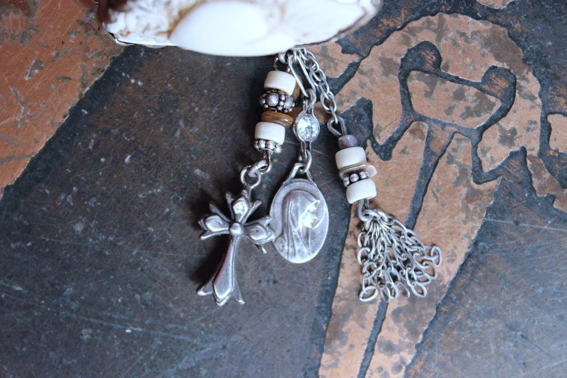 NEW! Adjustable Carved Sacred Heart Ring with Tiny Sterling Cross,Antique French Marian Medal and Chain Tassel, Beads & Sterling Rondelles