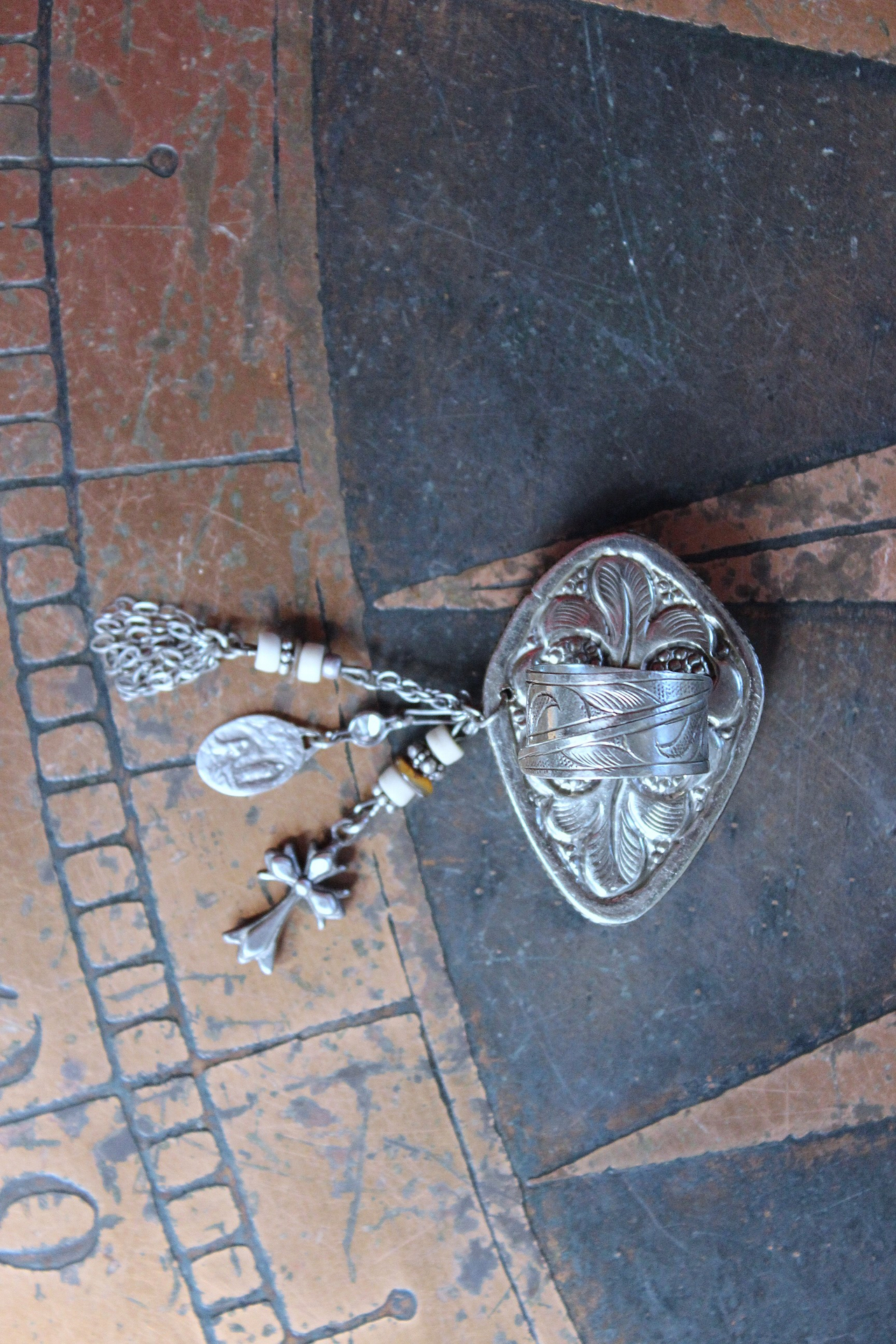 NEW! Adjustable Carved Sacred Heart Ring with Tiny Sterling Cross,Antique French Marian Medal and Chain Tassel, Beads & Sterling Rondelles