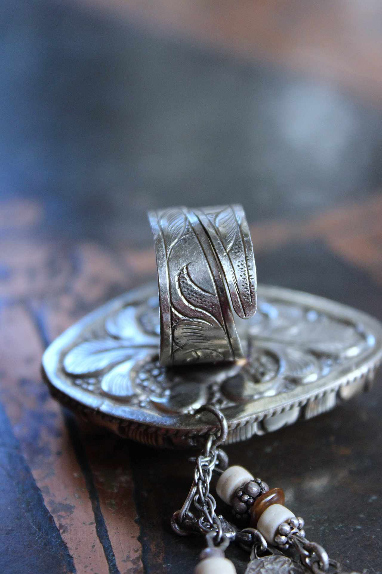 NEW! Adjustable Carved Sacred Heart Ring with Tiny Sterling Cross,Antique French Marian Medal and Chain Tassel, Beads & Sterling Rondelles