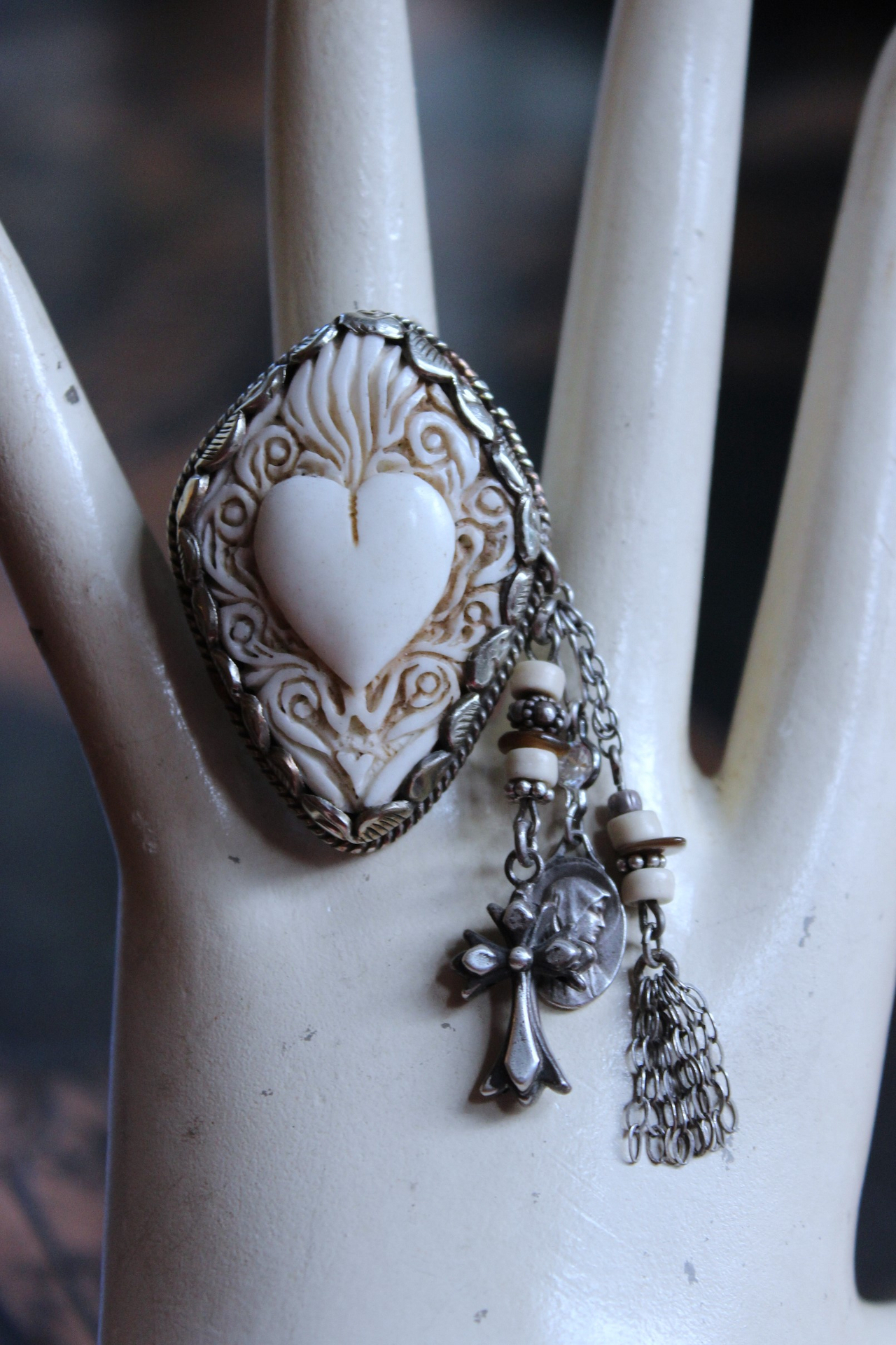 NEW! Adjustable Carved Sacred Heart Ring with Tiny Sterling Cross,Antique French Marian Medal and Chain Tassel, Beads & Sterling Rondelles