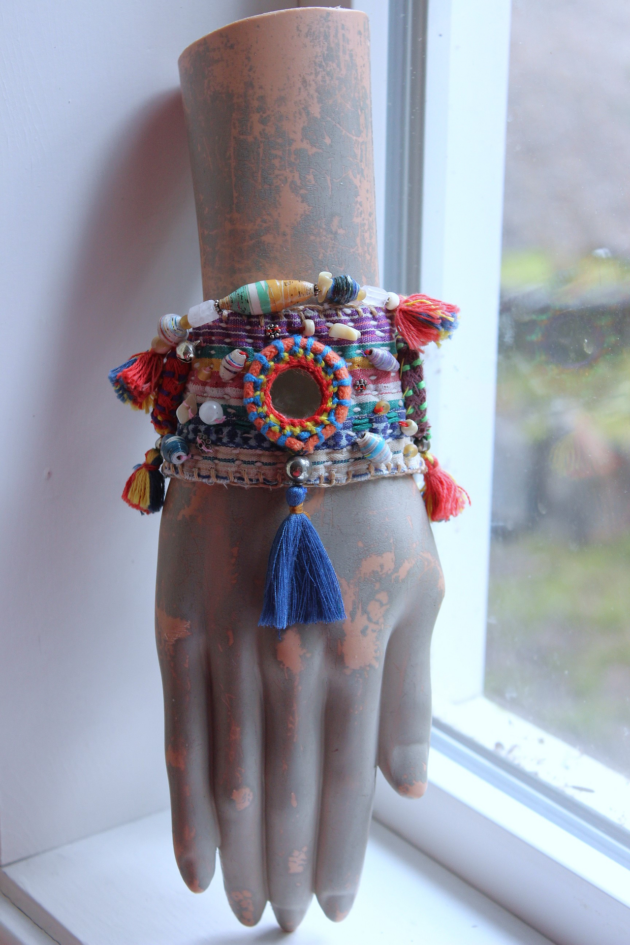 NEW!  A Joy Bracelet Set with Hand Stitched Kantha Textile,Embroidered Mirrors,Hand Made Beads,Sterling Rondelles,Mother of Pearl Beads & More!