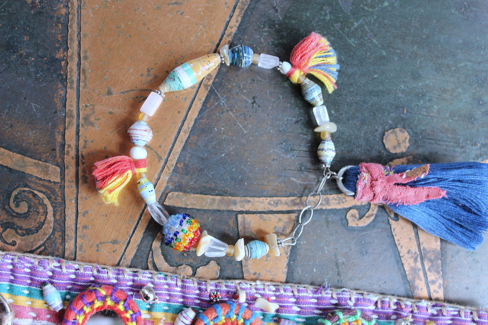 NEW!  A Joy Bracelet Set with Hand Stitched Kantha Textile,Embroidered Mirrors,Hand Made Beads,Sterling Rondelles,Mother of Pearl Beads & More!