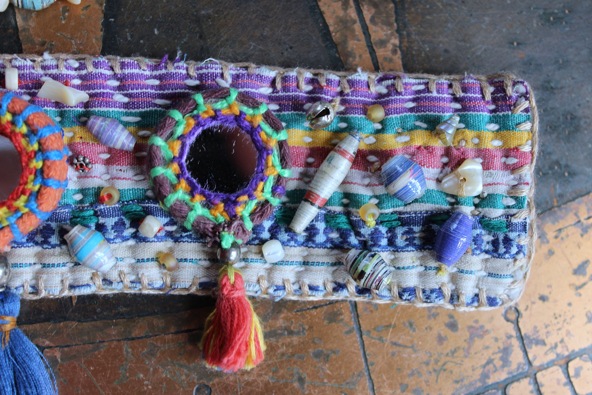 NEW!  A Joy Bracelet Set with Hand Stitched Kantha Textile,Embroidered Mirrors,Hand Made Beads,Sterling Rondelles,Mother of Pearl Beads & More!