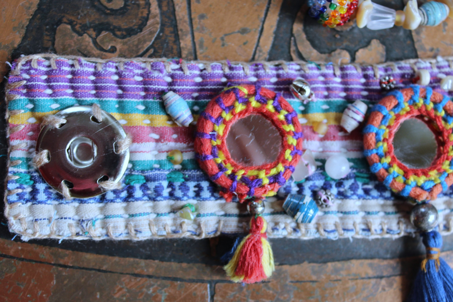 NEW!  A Joy Bracelet Set with Hand Stitched Kantha Textile,Embroidered Mirrors,Hand Made Beads,Sterling Rondelles,Mother of Pearl Beads & More!