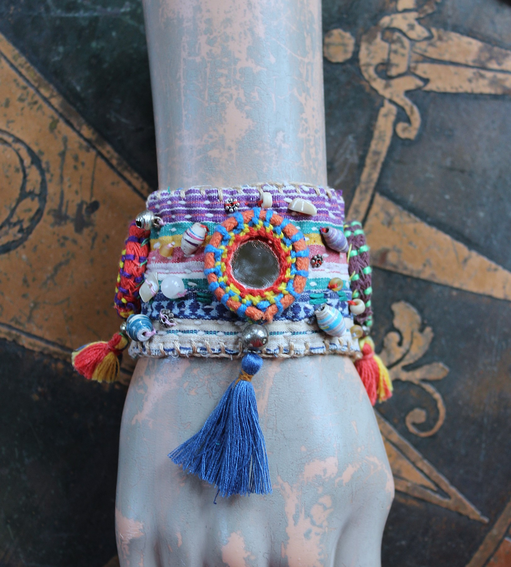 NEW!  A Joy Bracelet Set with Hand Stitched Kantha Textile,Embroidered Mirrors,Hand Made Beads,Sterling Rondelles,Mother of Pearl Beads & More!