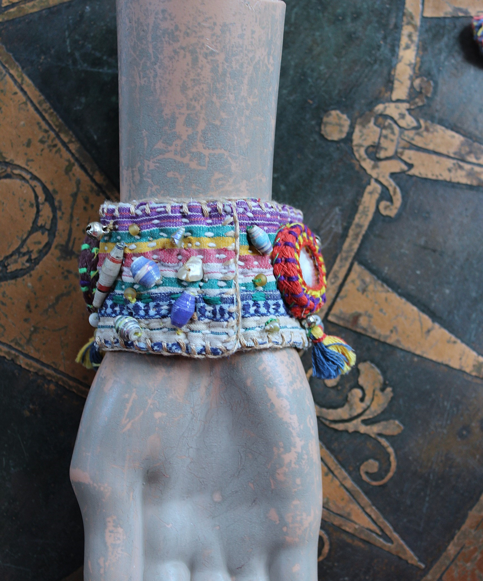 NEW!  A Joy Bracelet Set with Hand Stitched Kantha Textile,Embroidered Mirrors,Hand Made Beads,Sterling Rondelles,Mother of Pearl Beads & More!