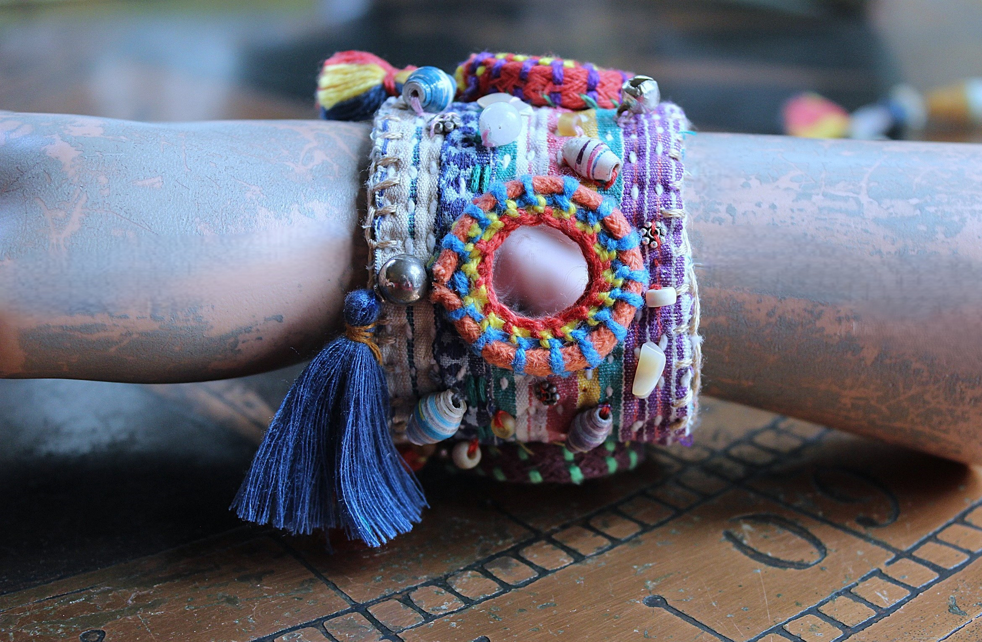 NEW!  A Joy Bracelet Set with Hand Stitched Kantha Textile,Embroidered Mirrors,Hand Made Beads,Sterling Rondelles,Mother of Pearl Beads & More!