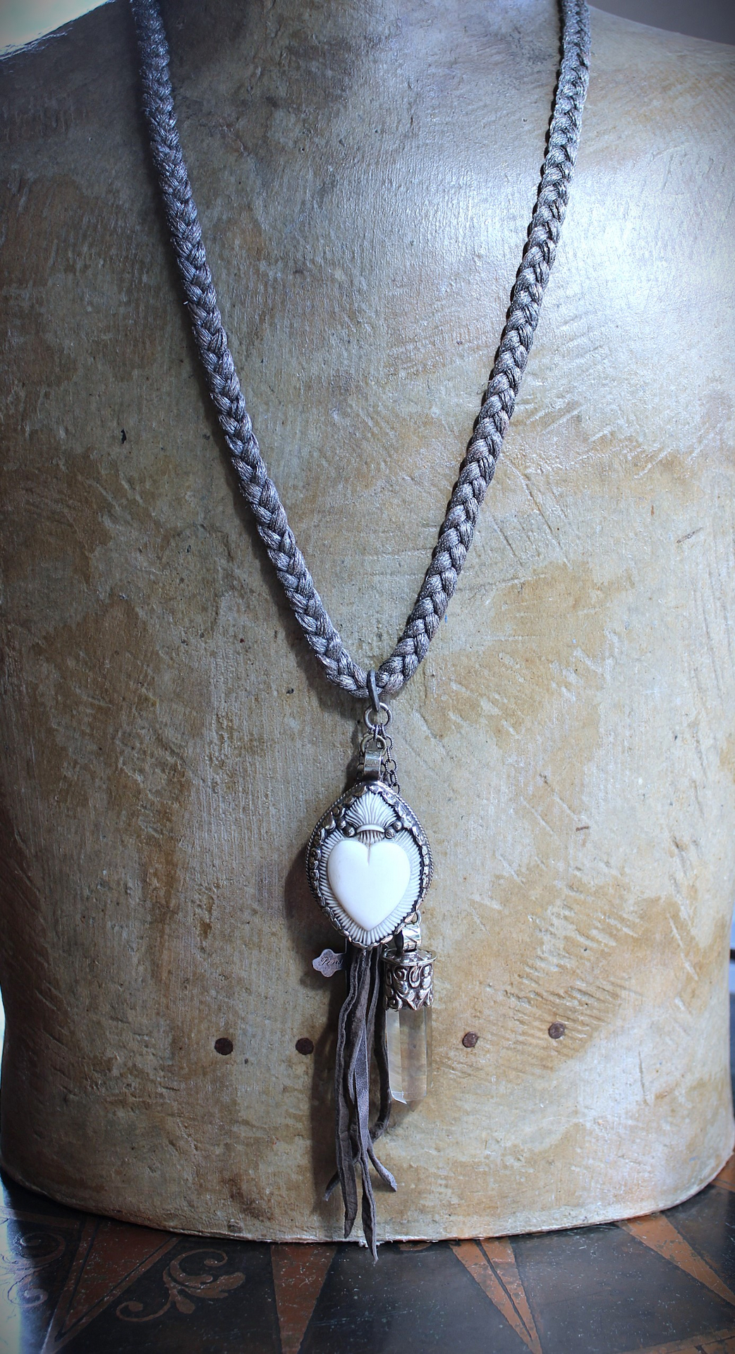 NEW! Antique French Braided Metal Thread Trim Necklace w/Silver Repousse Carved Bone Flaming Sacred Heart, Engraved Nun's Cross, Water Clear AAA Light Citrine Point