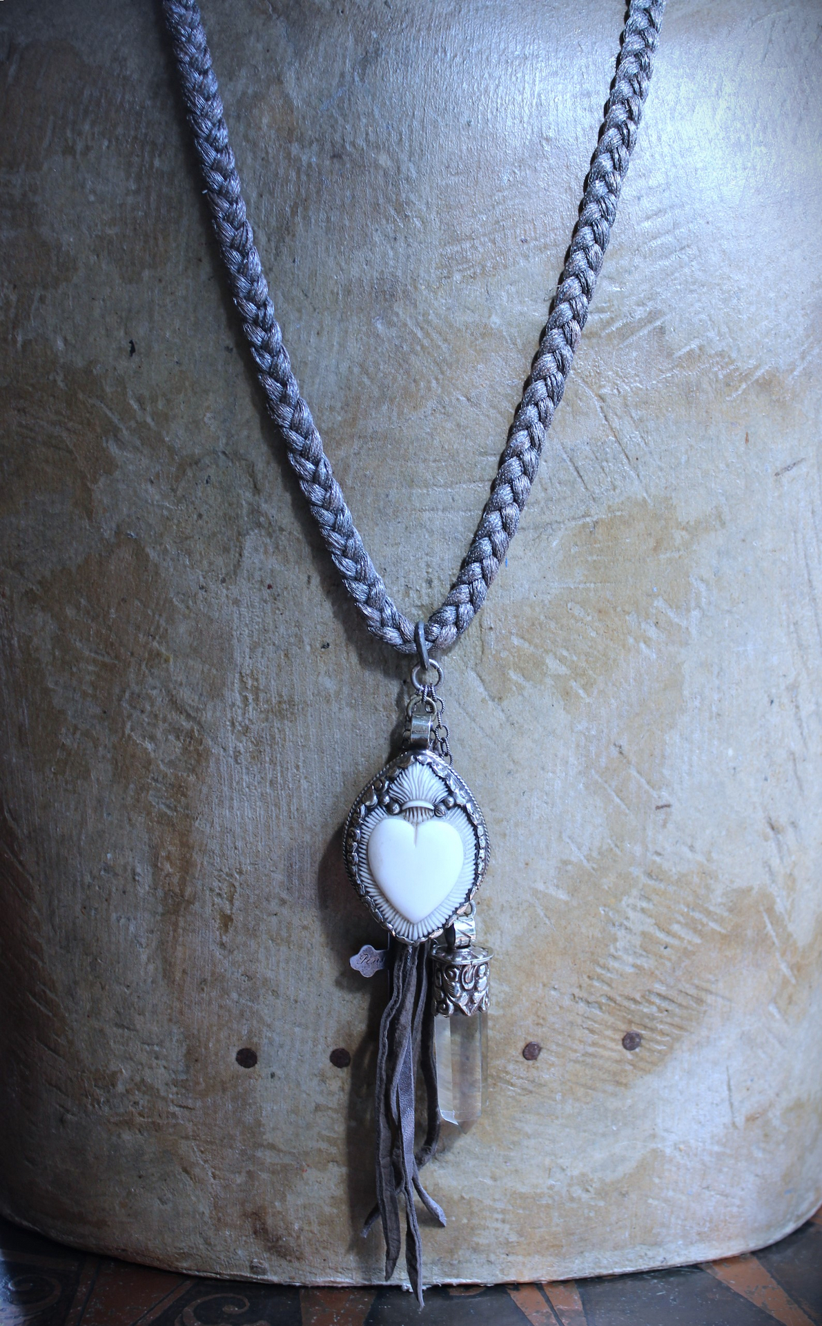 NEW! Antique French Braided Metal Thread Trim Necklace w/Silver Repousse Carved Bone Flaming Sacred Heart, Engraved Nun's Cross, Water Clear AAA Light Citrine Point