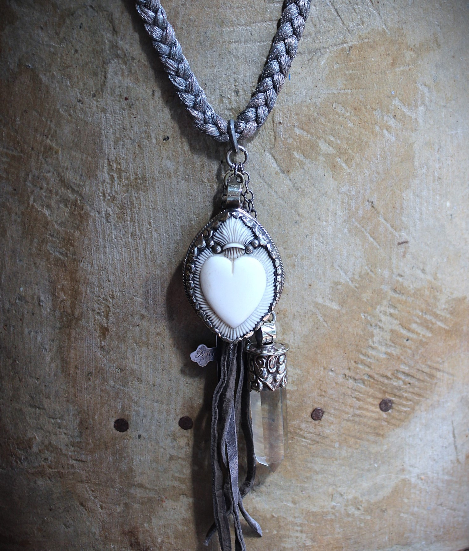 NEW! Antique French Braided Metal Thread Trim Necklace w/Silver Repousse Carved Bone Flaming Sacred Heart, Engraved Nun's Cross, Water Clear AAA Light Citrine Point