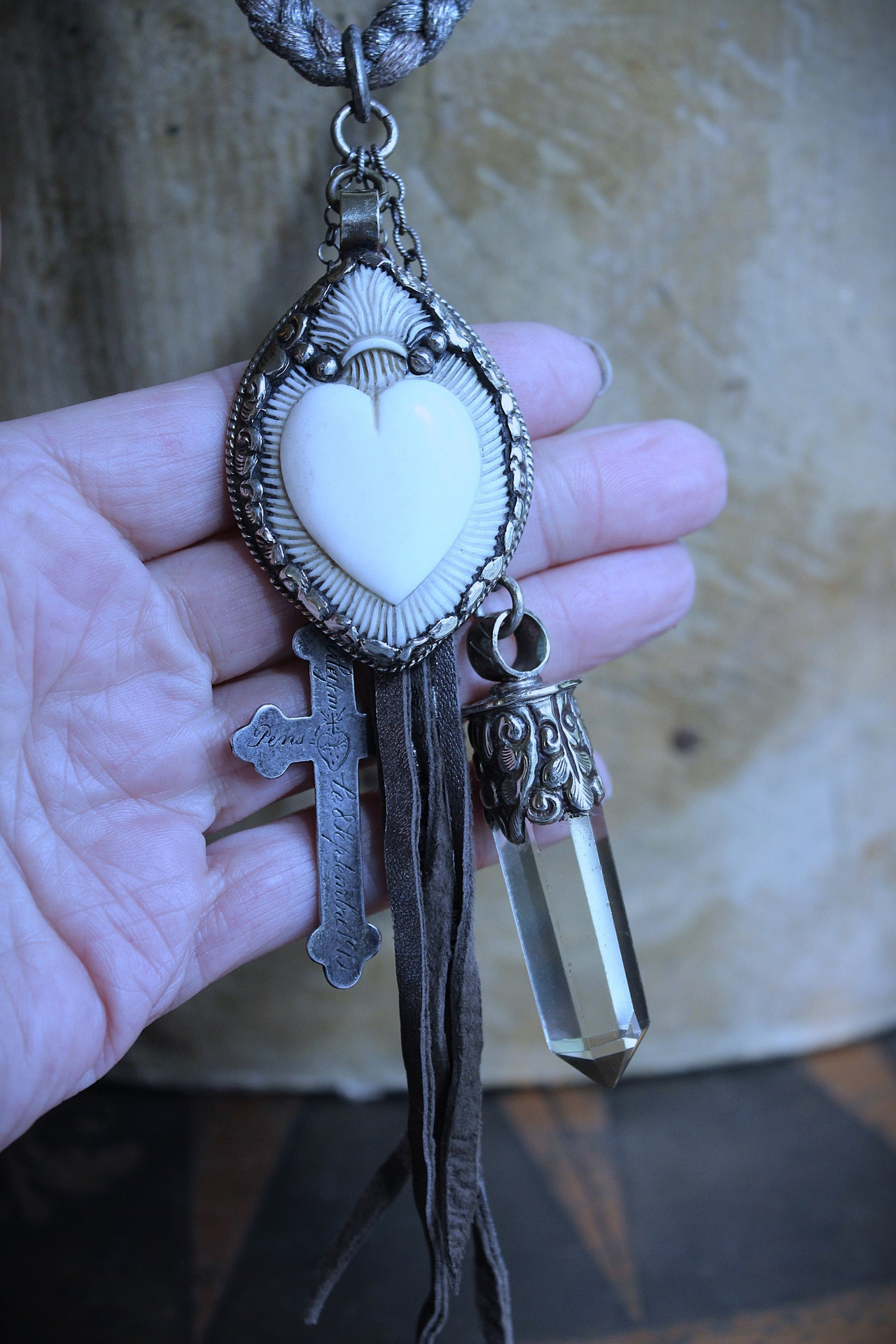 NEW! Antique French Braided Metal Thread Trim Necklace w/Silver Repousse Carved Bone Flaming Sacred Heart, Engraved Nun's Cross, Water Clear AAA Light Citrine Point