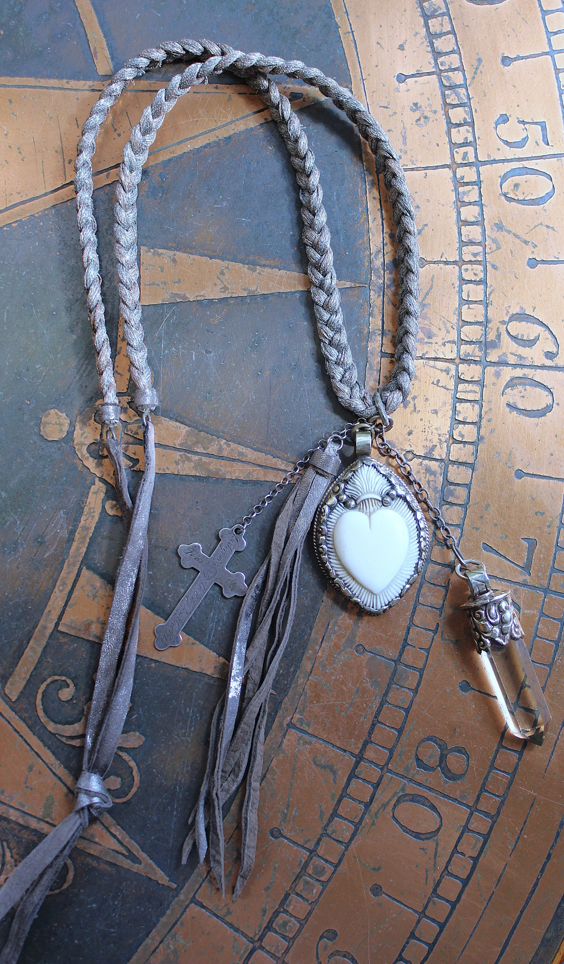 NEW! Antique French Braided Metal Thread Trim Necklace w/Silver Repousse Carved Bone Flaming Sacred Heart, Engraved Nun's Cross, Water Clear AAA Light Citrine Point