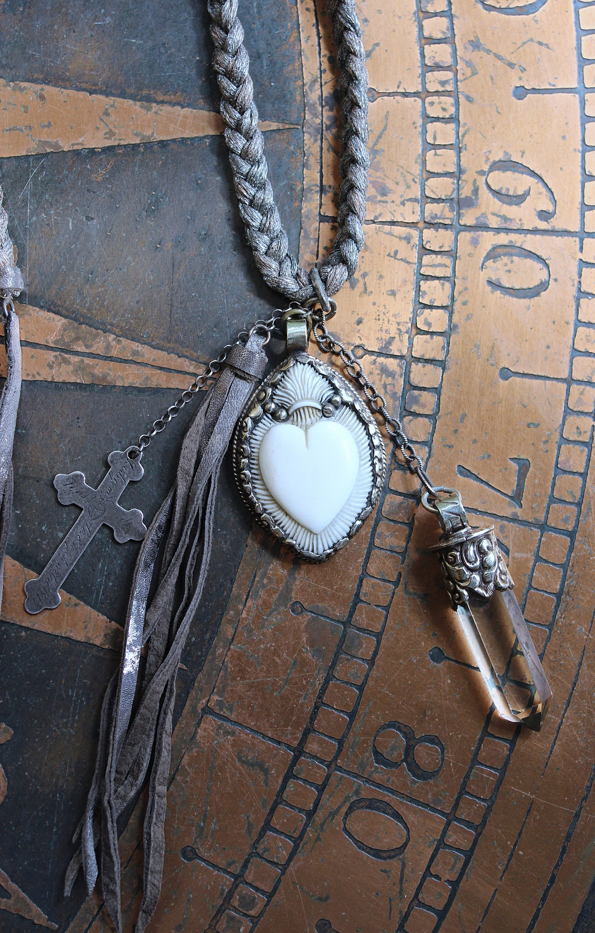 NEW! Antique French Braided Metal Thread Trim Necklace w/Silver Repousse Carved Bone Flaming Sacred Heart, Engraved Nun's Cross, Water Clear AAA Light Citrine Point